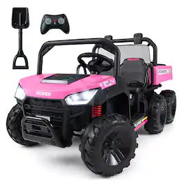 Costway - 24V 2-Seater Ride on Dump Truck,4WD Kids Ride on Car with Electric Dump Bed - Pink