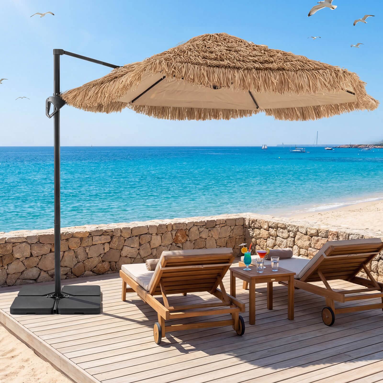 Alt View 1. Costway - Costway 9.5 FT Cantilever Tiki Patio Umbrella Set with 220 LBS Fillable Base for Garden - Natural + Black.