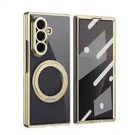 Dteck - Clear Electroplated Case for Samsung Galaxy Z Fold8 Ultra with Kickstand, Magnetic Rigid PC Cover Built-in Screen Film - Gold