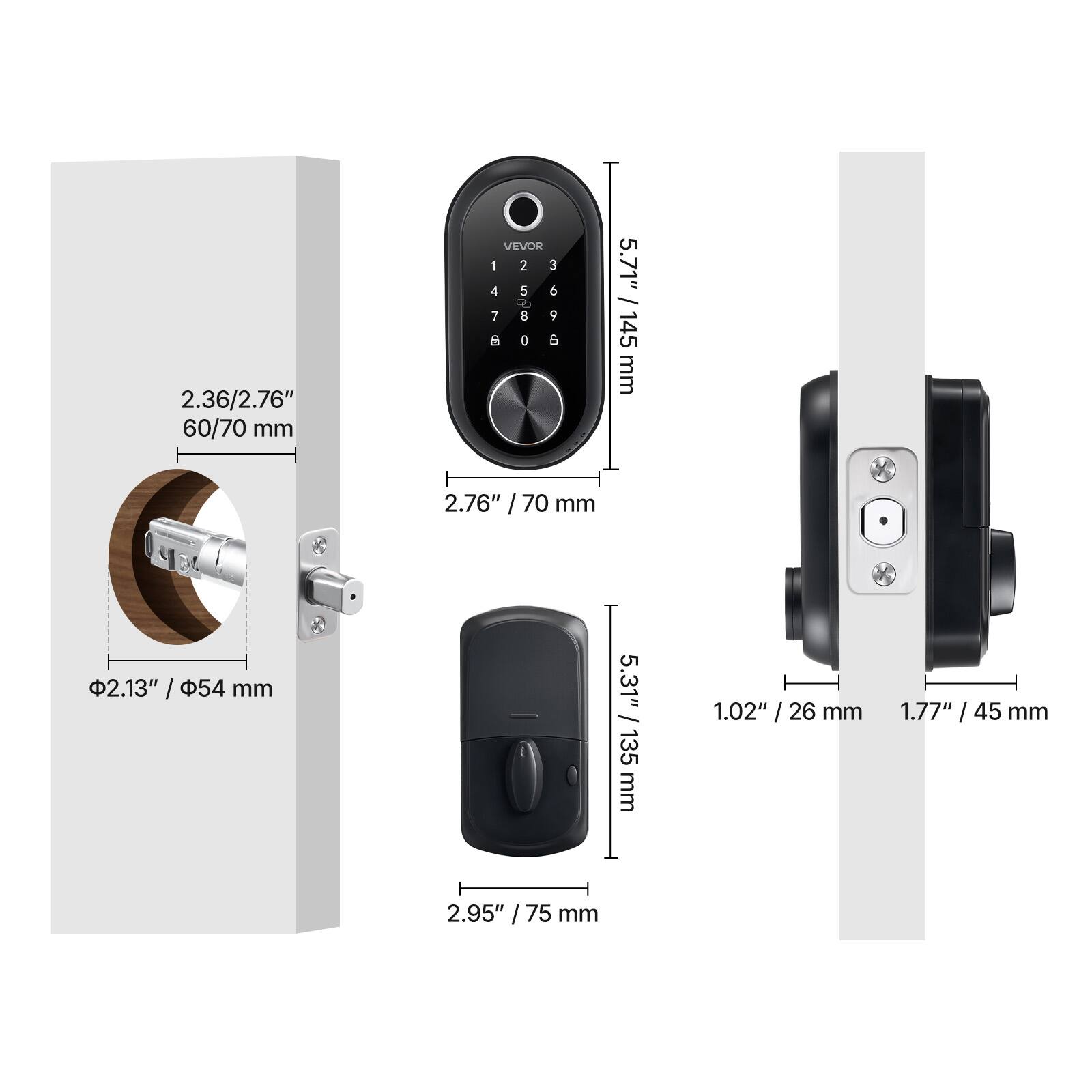 2.36/2.76" 60/70 mm  
VEVOR  
1 2 3 4 5 6 7 8 9 0  

5.71" / 145 mm  
2.76" / 70 mm  
2.13" / 54 mm  
5.31" / 135 mm  
1.02" / 26 mm  
1.77" / 45 mm  
2.95" / 75 mm