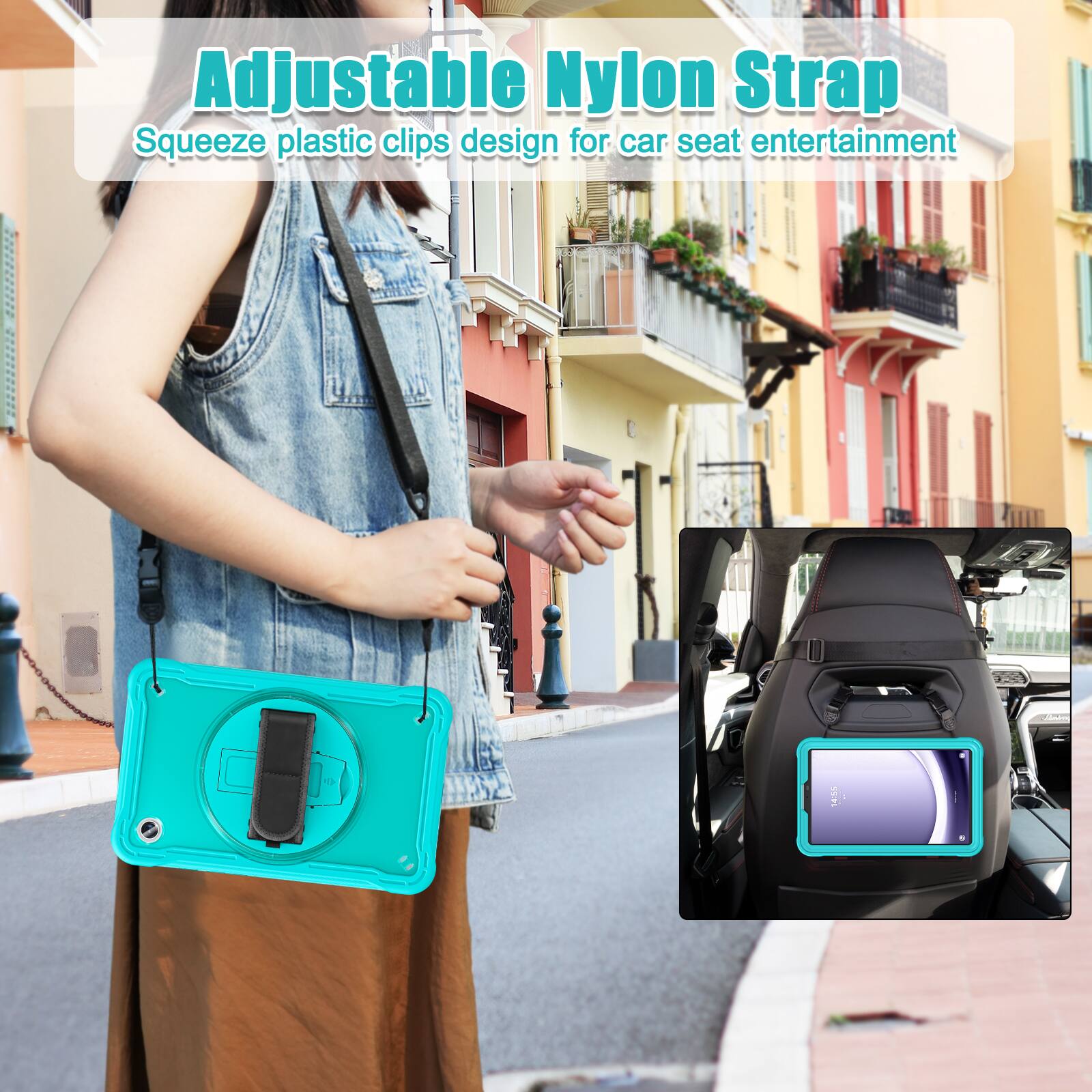 Adjustable Nylon Strap  
Squeeze plastic clips design for car seat entertainment