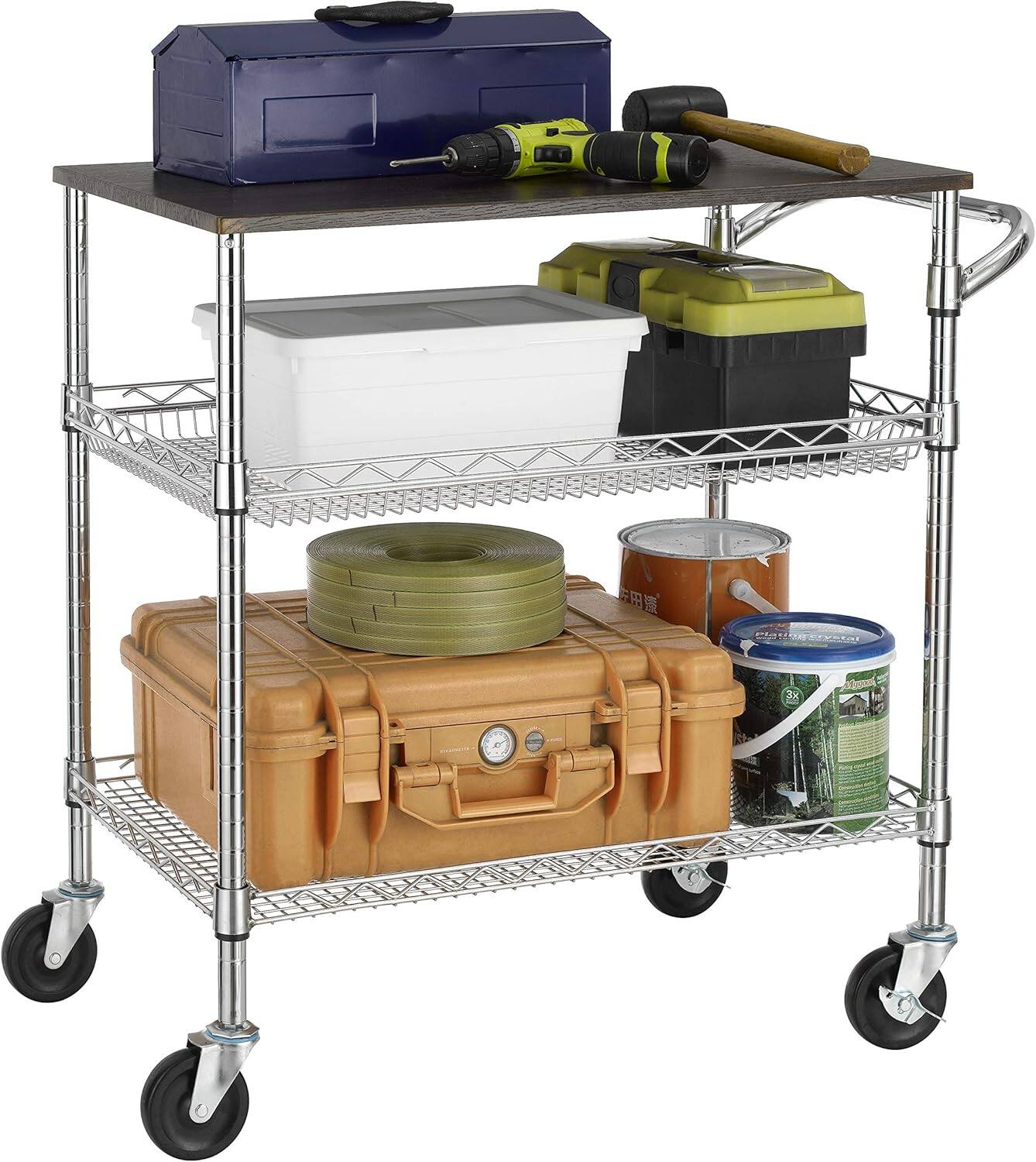 Alt View 2. Finnhomy - Finnhomy 3-Tier Heavy Duty Utility Cart with Wood Top – NSF Listed Steel Rolling Cart with Handle, 500 lb Capacity - Chrome.