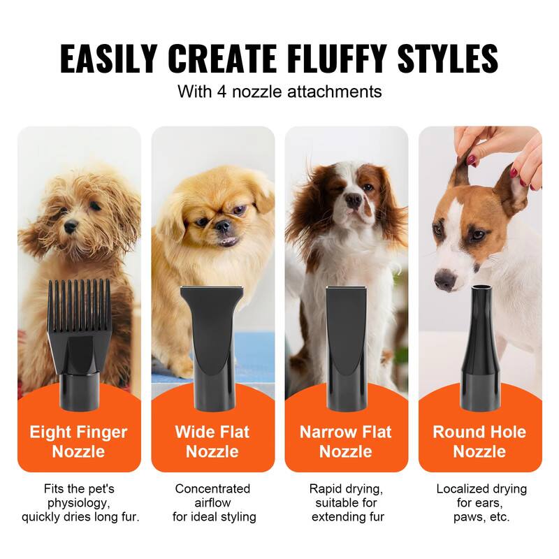 EASILY CREATE FLUFFY STYLES  
With 4 nozzle attachments

- Eight Finger Nozzle  
  Fits the pet's physiology, quickly dries long fur.

- Wide Flat Nozzle  
  Concentrated airflow for ideal styling.

- Narrow Flat Nozzle  
  Rapid drying, suitable for extending fur.

- Round Hole Nozzle  
  Localized drying for ears, paws, etc.