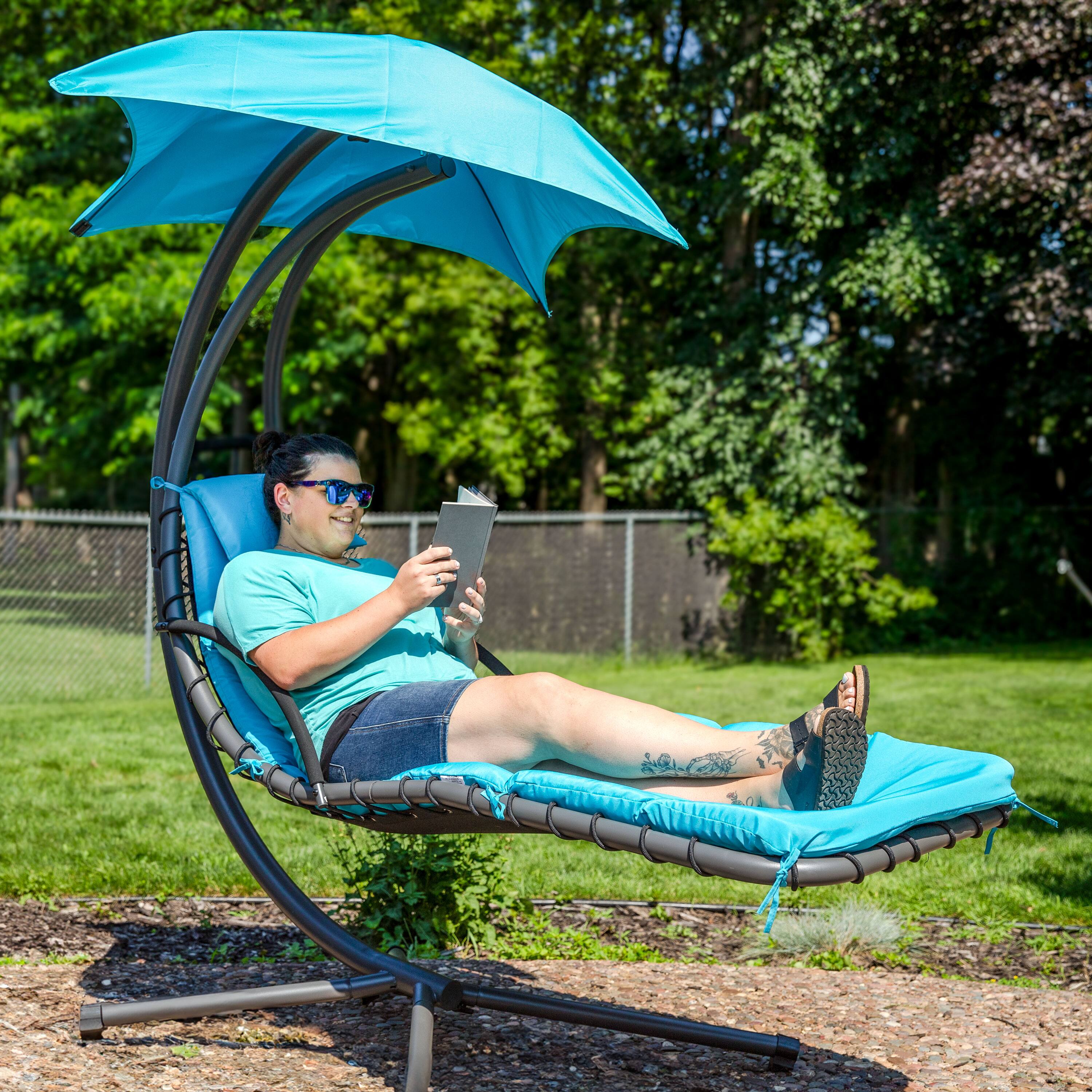 Alt View 5. Sunnydaze - Floating Lounge Chair with Umbrella and Curved Steel Stand - Teal.