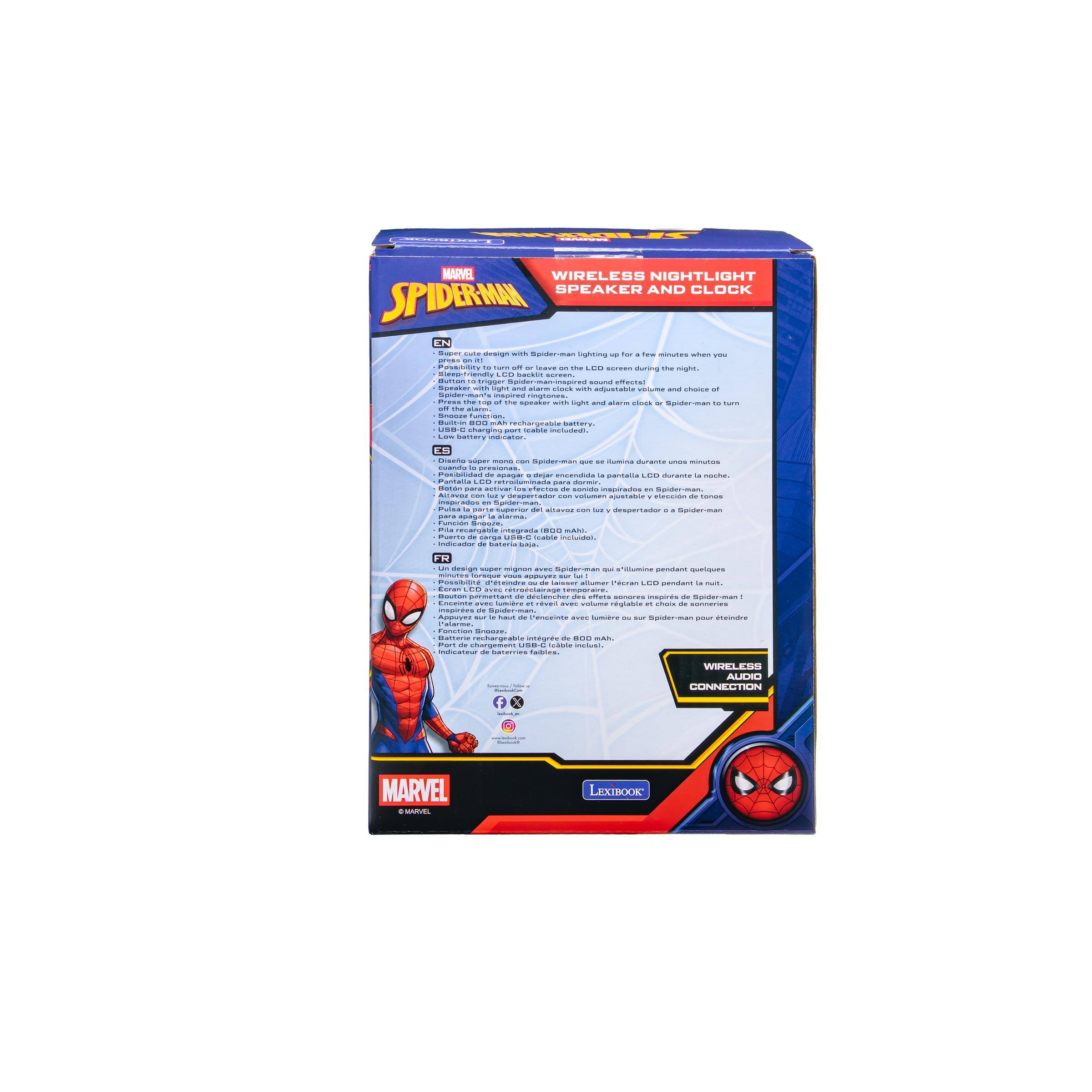 WIRELESS NIGHTLIGHT SPEAKER AND CLOCK SPIDER-MAN

- Original with Spider-man lighting
for when you
Passibility New ON M Seave on the LCD SUPPER during the night. Sleepfriendly backle schren. sound effects! Sugalor light and alarm elenk - adjustable volume and choice of Spider-man's inspired ringtones. Press 2011 of the speaker with light and alarm a/Gook OF - turr. the the alarin, Shoose Build rechargeable balliery, 38 charging port acable miluded... Low battery

- Comina durante prove minuties cuando presionas. Posolidad dejar micenda  pantalia LCD Durante La noche. CO para dormir. Sation RAPH activar efectos de LOMICAL inspirados .. Solderman, Alsavec - Kall peppertador can ajustable Resseide de turna 40 Pulsa a parte superior - allavez com siall despertador Spider-man PLAND apager a Fampion Sinbods, recargable integrada RCO mano. Puevito   incluido). de bateria baja. FR DA - mignon pendant quelieves woower d'
