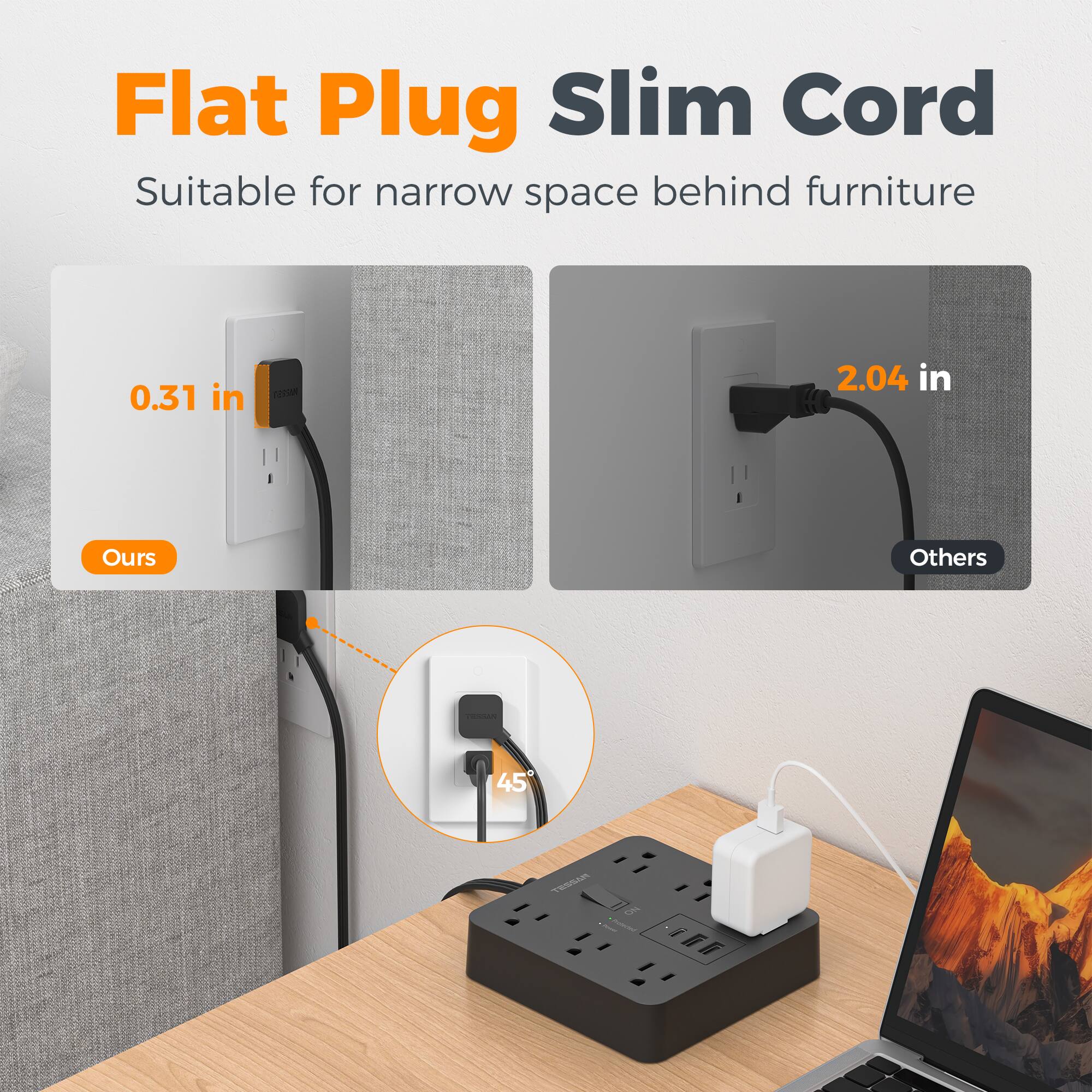 Flat Plug Slim Cord  
Suitable for narrow space behind furniture  

0.31 in  
Ours  

2.04 in  
Others  

45°  

TESSAN NO T.reaser - Protected