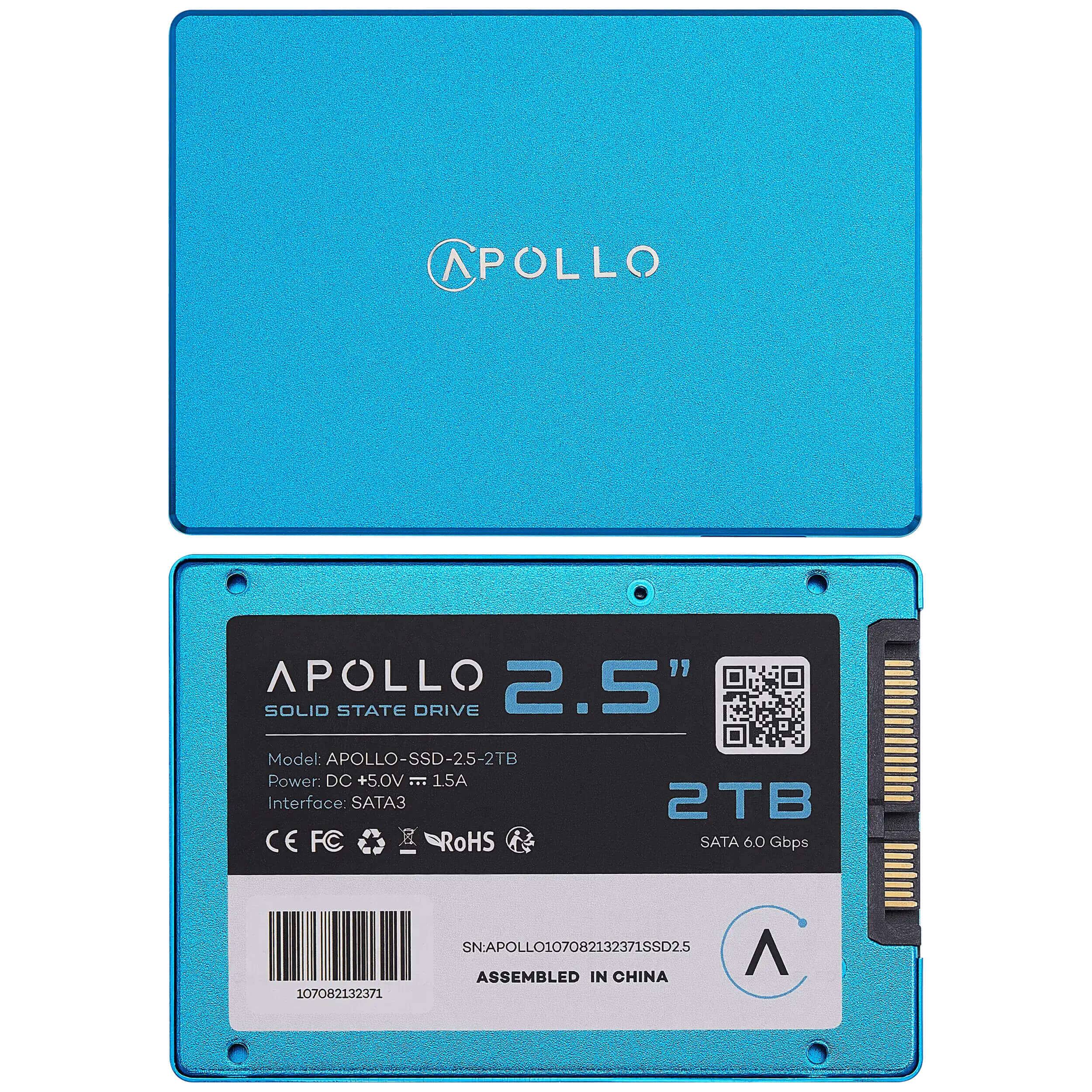 **POLLO APOLLO 2.5" SOLID STATE DRIVE**

- **Model:** APOLLO-SSD-2.5-2TB
- **Power:** DC +5.0V 204 1.5A
- **Interface:** SATA3
- **Capacity:** 2TB
- **Speed:** SATA 6.0 Gbps
- **Compliance:** CE, FC, RoHS
- **Serial Number:** SN-APOLLO107082132371SSD25
- **Assembled In:** China
- **Barcode:** 107082132371