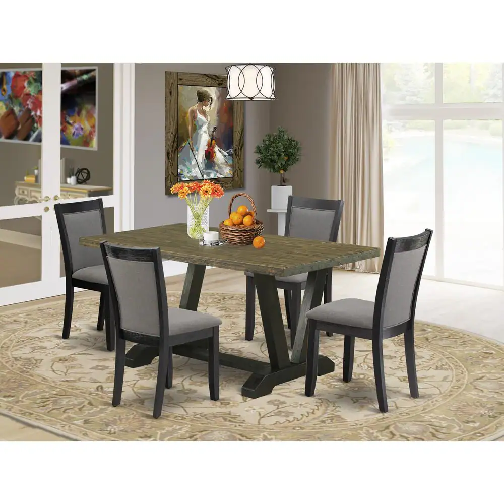 Alt View 3. East West Furniture - V676MZ650-5 5 Piece Dining Set - Distressed Jacobean Table with 4 Dark Gotham Grey Linen Fabric Chairs - Wire Brushed - Multi-Color.