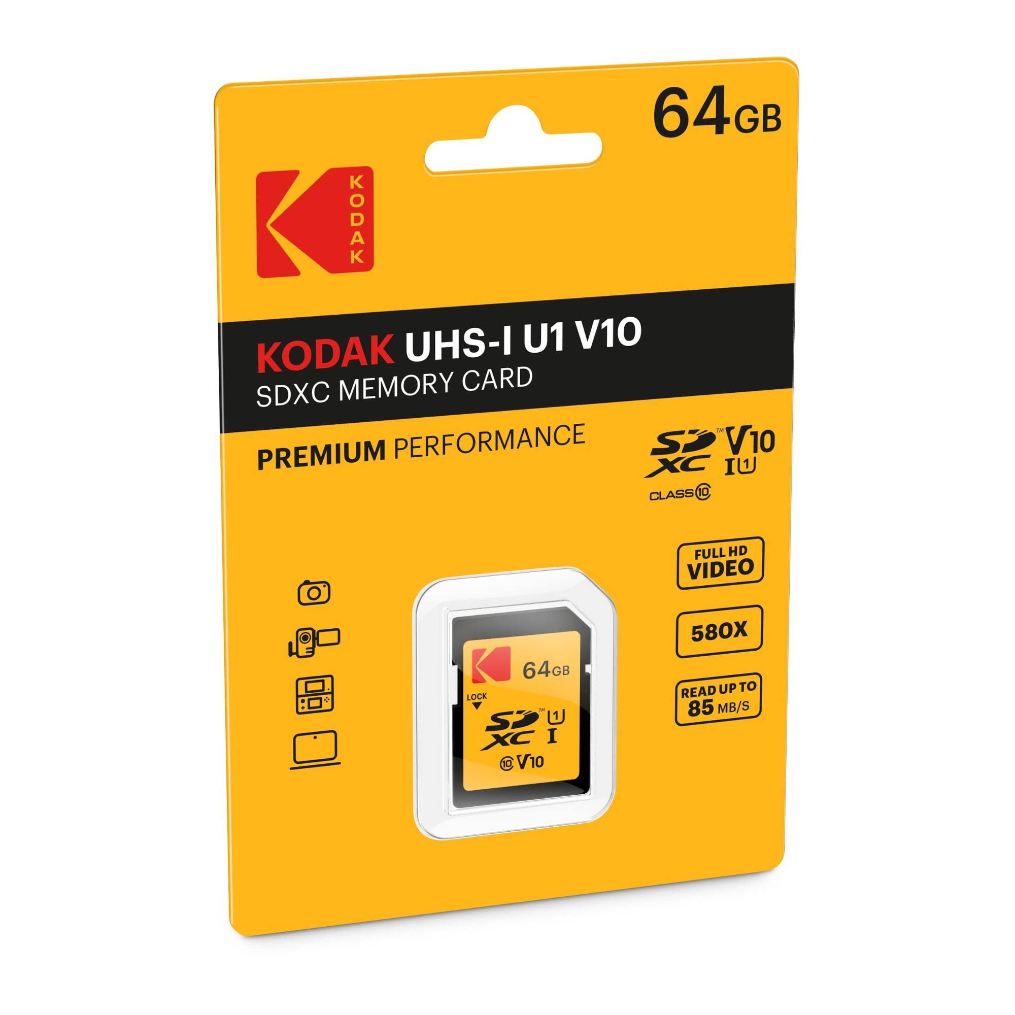 64GB KODAK UHS-I U1 V10 SDXC MEMORY CARD - PREMIUM PERFORMANCE  
FULL HD VIDEO  
580X  
READ UP TO 85 MB/S