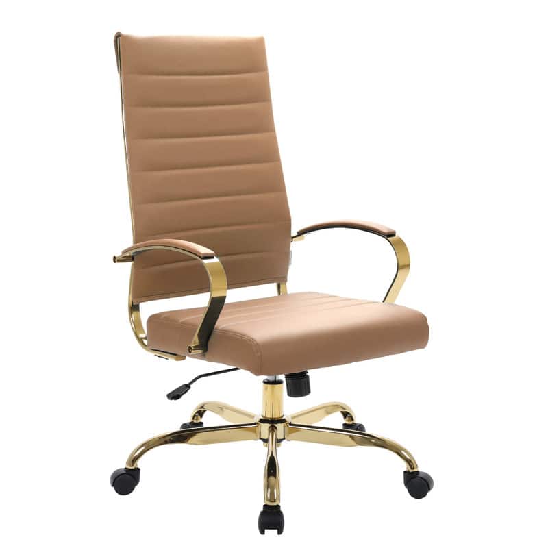 Front. LeisureMod - Benmar Gold Leather Office Chair High Back Swivel Ergonomic Padded Desk Chair with Adjustable Height - Light Brown.
