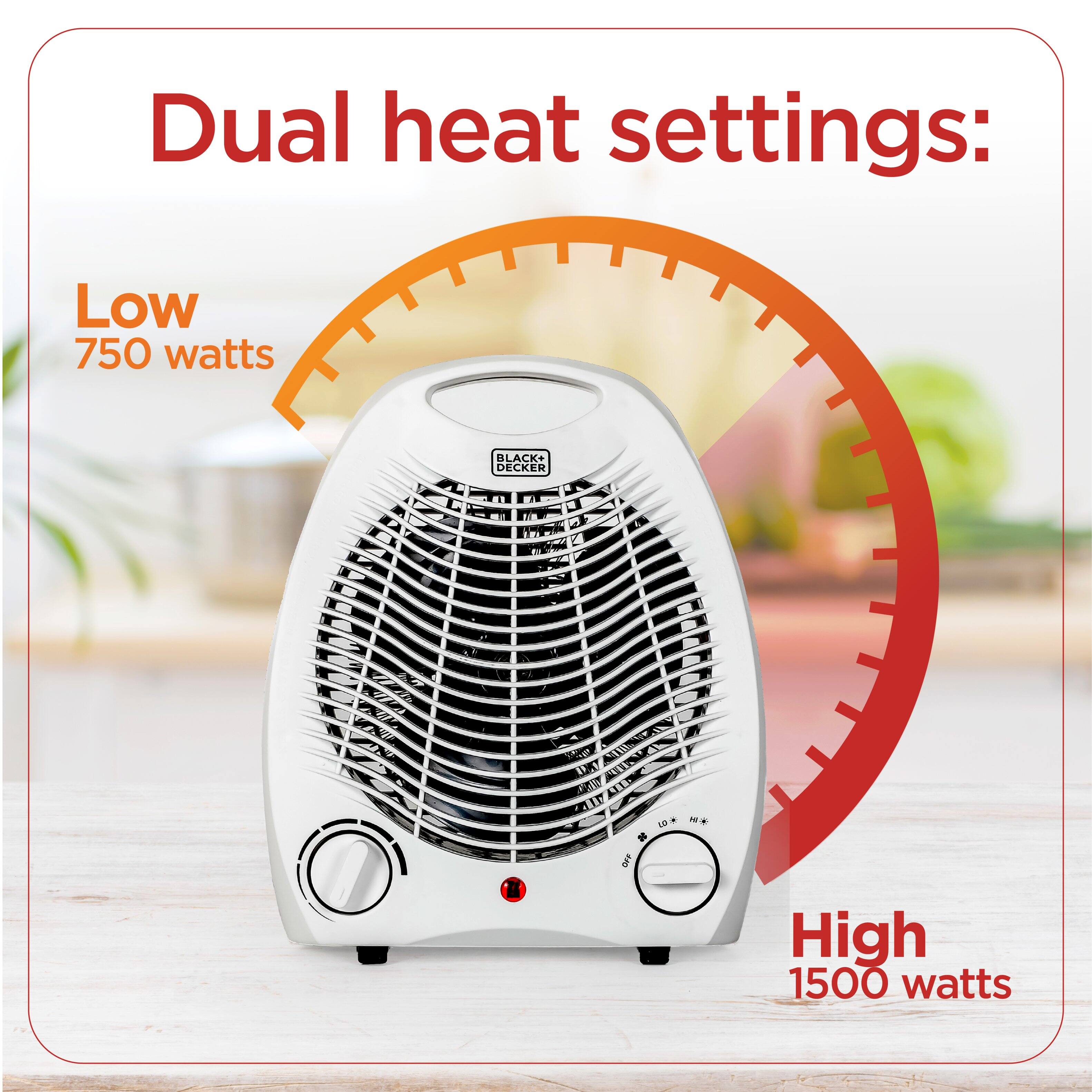 Dual heat settings: Low 750 watts High 1500 watts BLACK+ DECKER OFF