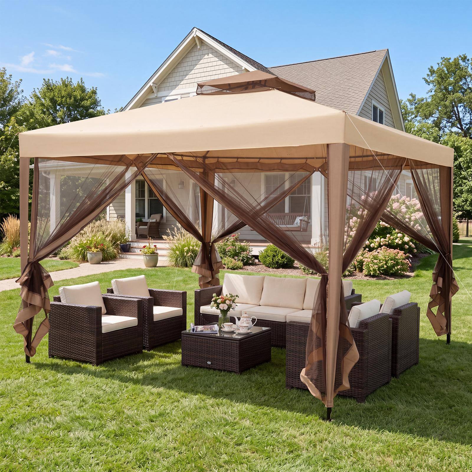 Front. Costway - Costway Outdoor 10' x 10' Gazebo Tent Camping Canopy with Steel Frame for Parties Gathering - Brown.