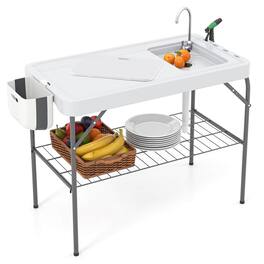 Costway - Folding Fish Cleaning Table Portable Camping Table with Faucet Hose Grid Rack - White