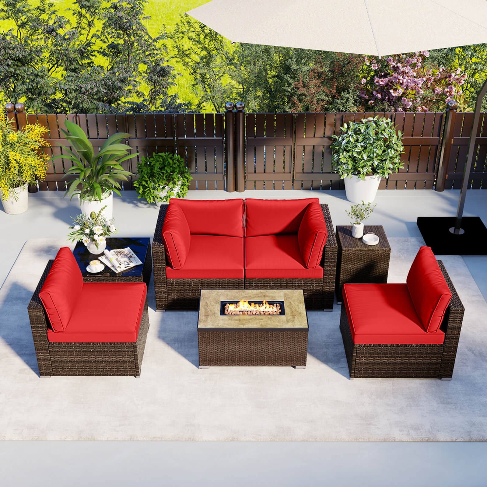 Alt View 1. Costway - Costway 7 Pieces Outdoor Furniture Set with 32" Fire Pit Table and Propane Tank Cover - Red.