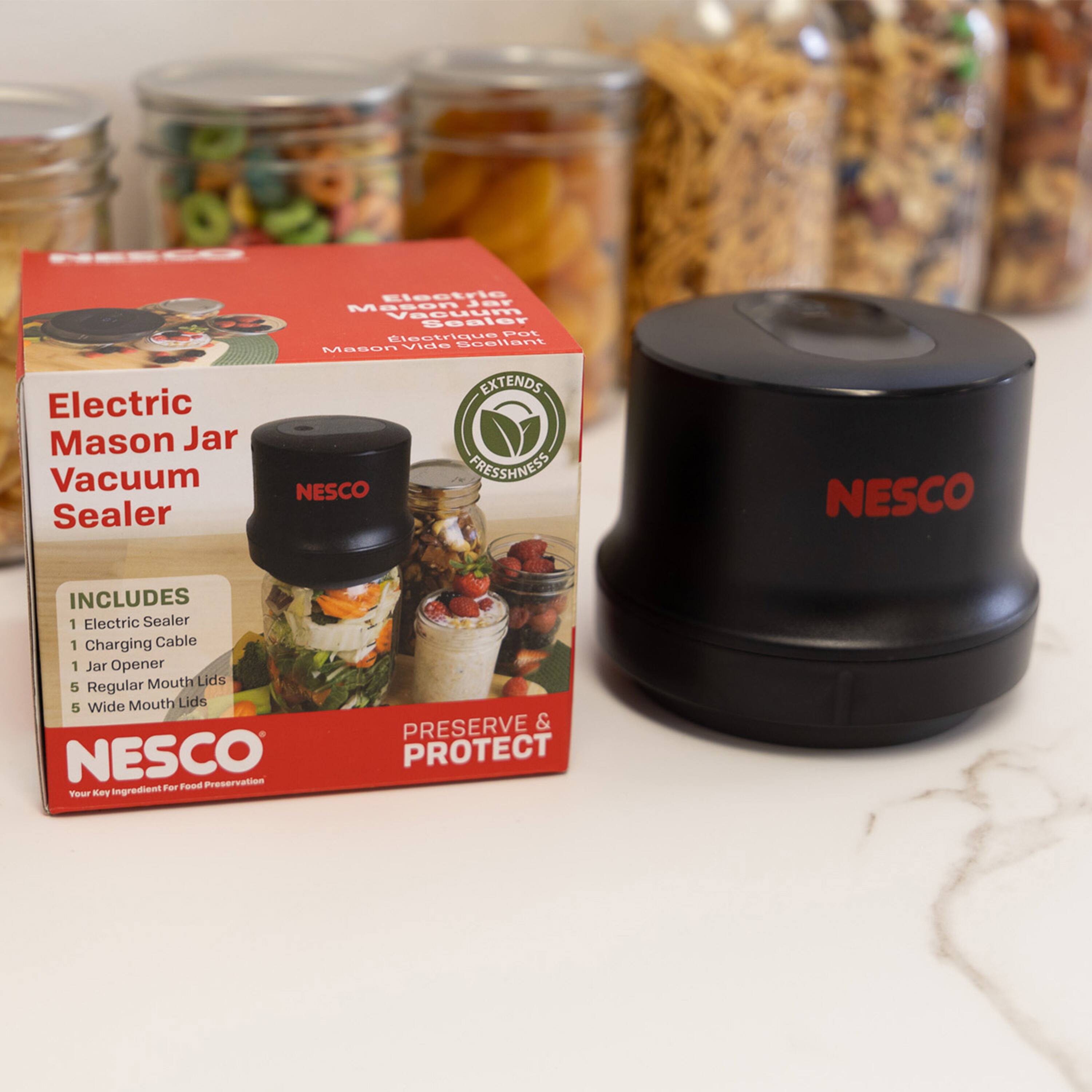 Electric Mason Jar Vacuum Sealer  
NESCO EXTENDS PRESSHNESS  
NESCO INCLUDES  
1 Electric Sealer  
1 Charging Cable  
1 Jar Opener  
5 Regular Mouth Lids  
5 Wide Mouth Lids  
NESCO Preservation For Food Tour  
KAY Ingredient PRESERVE & PROTECT