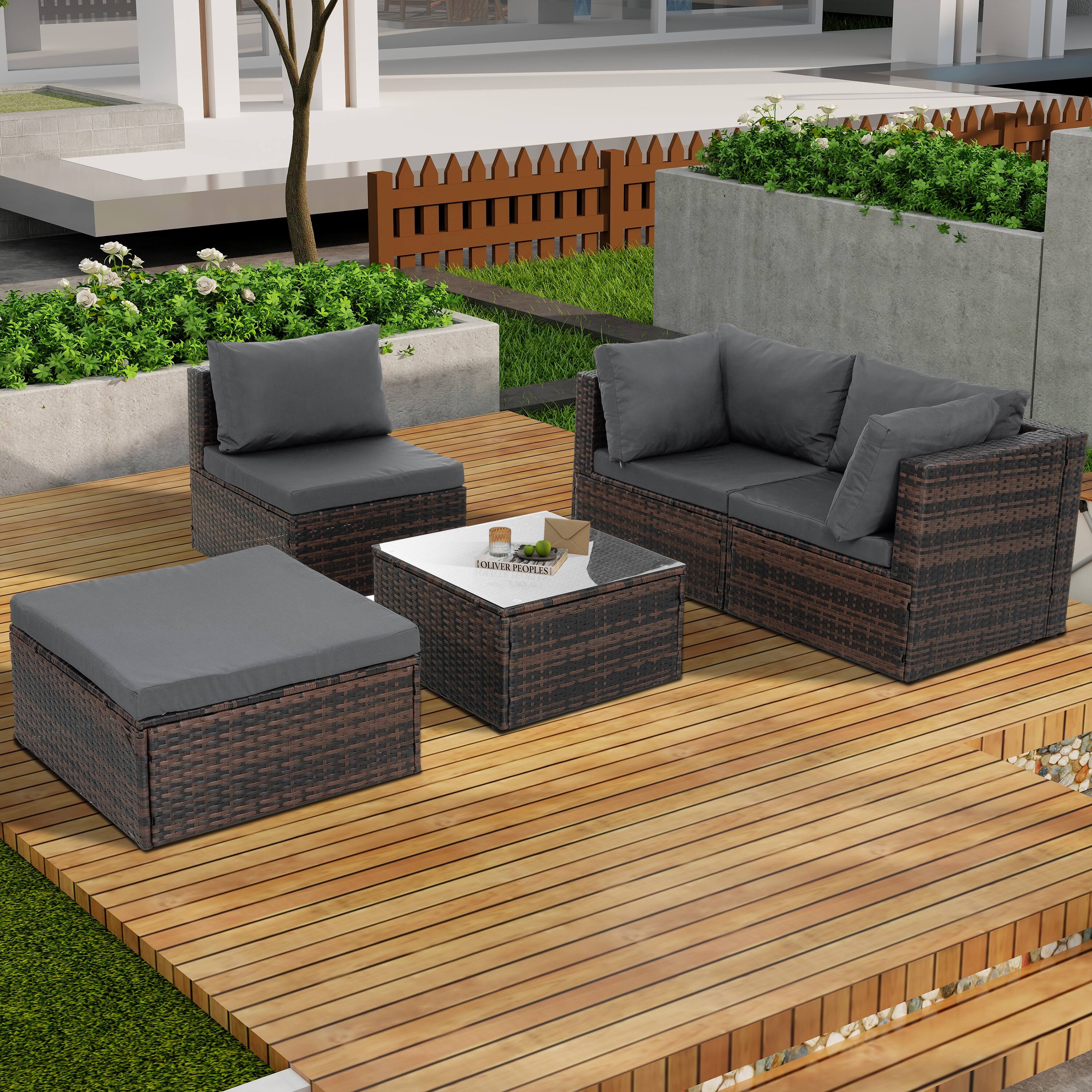 Angle. APRILSOUL - Patio Furniture Outdoor Furniture Seasonal PE Wicker Furniture 5 Set Wicker Furniture With Tempered Glass Coffee Table - Brown.