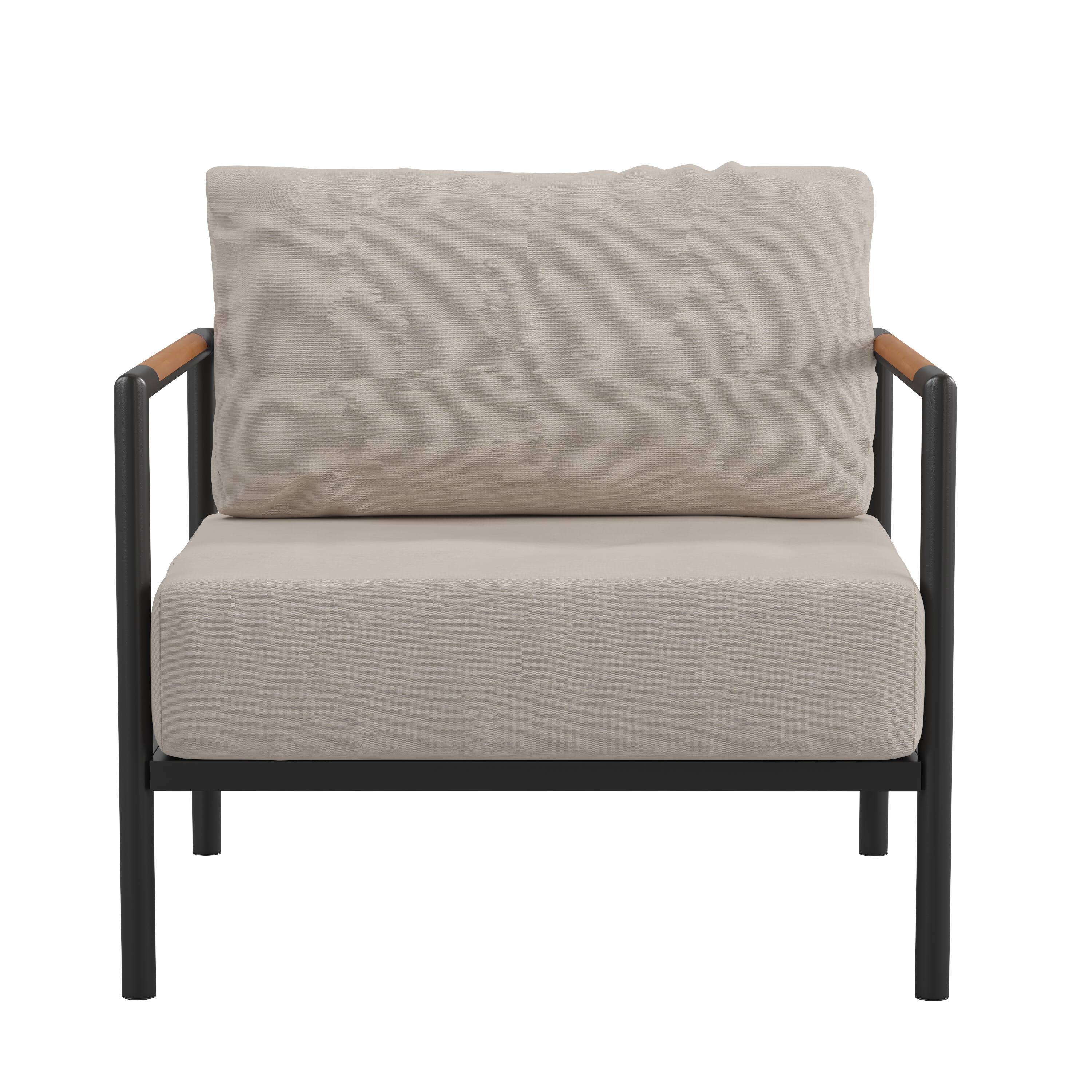 Alt View 7. Emma + Oliver - Aluminum Frame Patio Chair with Teak Arm Accents and Plush Cushions - Beige.
