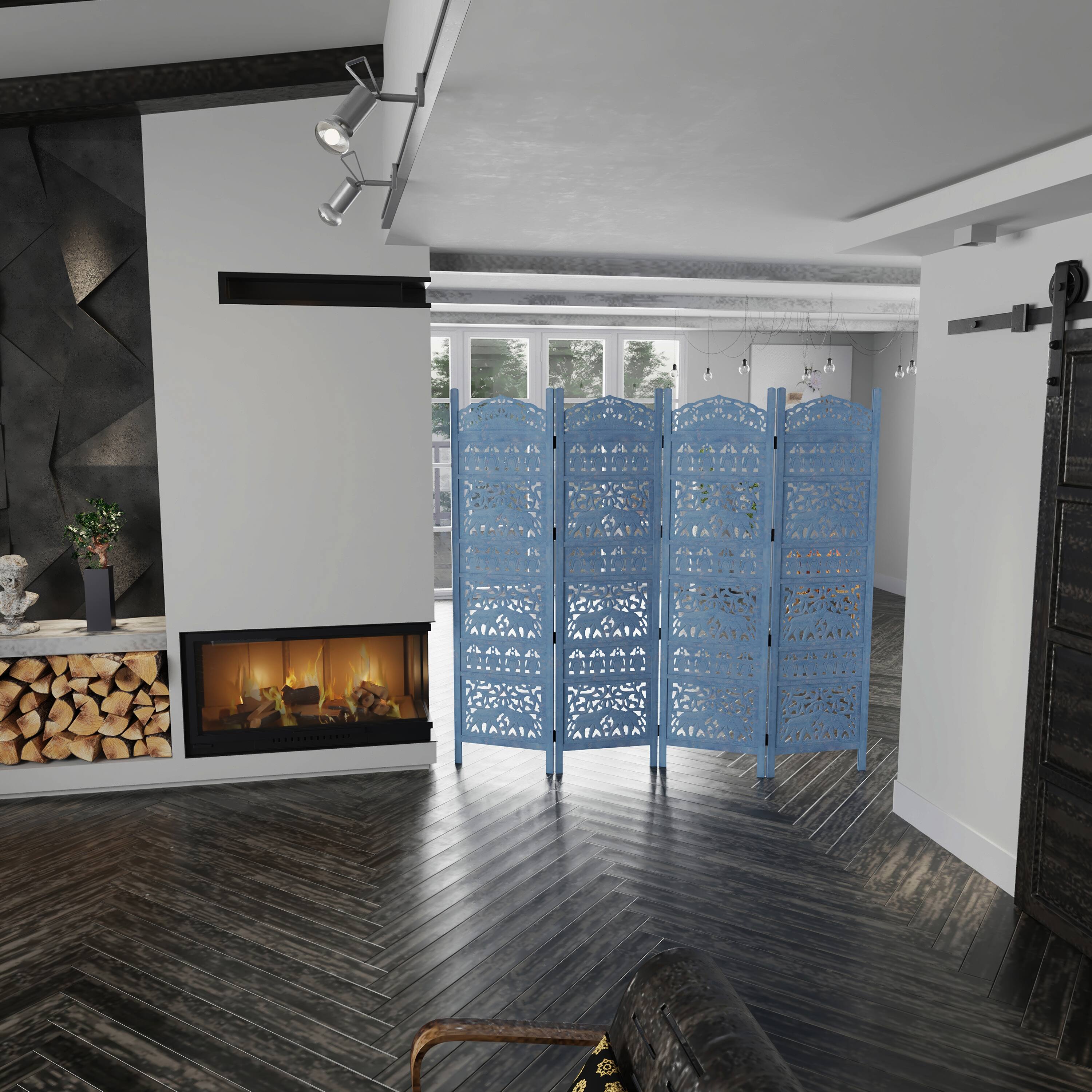 Alt View 9. Manhattan Lane - Jumbo 4 Panel Folding Room Divider Screen, Antique Blue Mango Wood, Elephant Motif Carved Design - Blue.