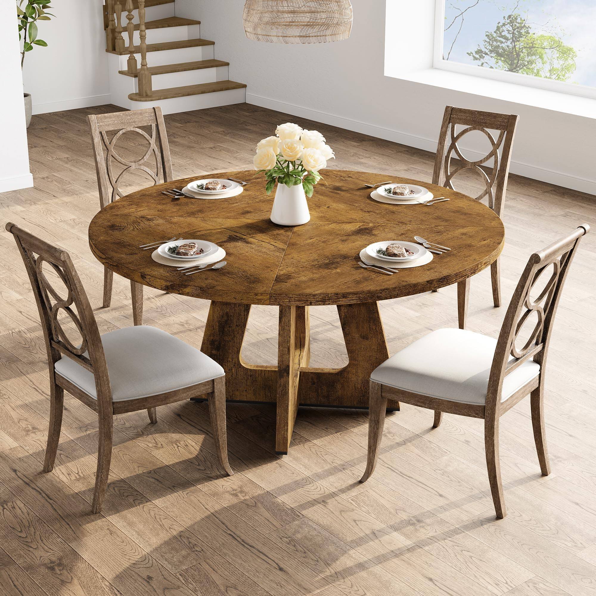 Back. MAGICAL RUBS - 47-inch Round Large Dining Table  Wooden Kitchen Set For 4 To 6 Farmhouse Dinner With Top And Home Room Or Living - Burlywood.