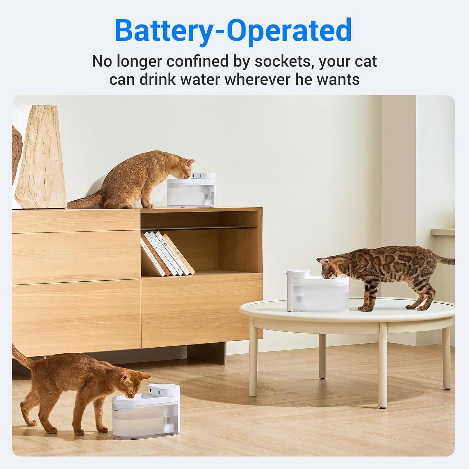 Battery-Operated  
No longer confined by sockets, your cat can drink water wherever he wants