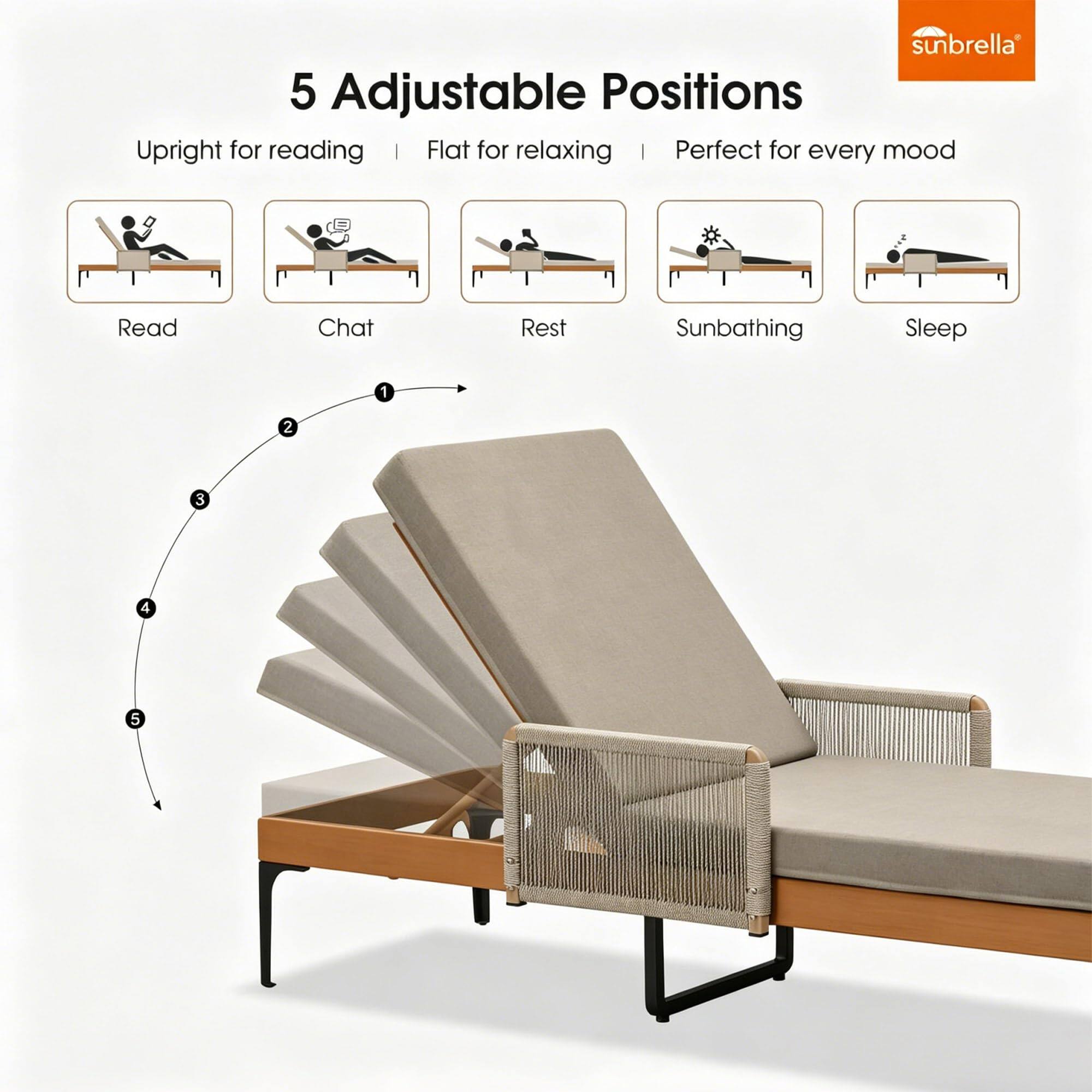 sunbrella 5 Adjustable Positions Upright for reading | Flat for relaxing | Perfect for every mood Read Chat Rest Sunbathing Sleep