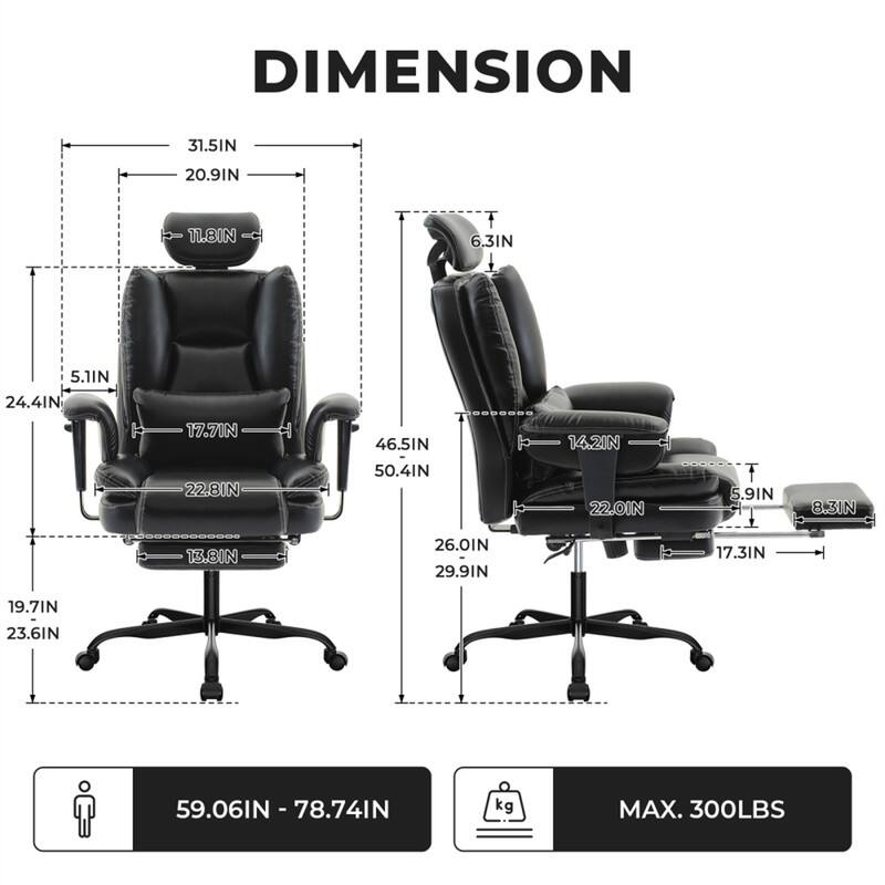 DIMENSION  
31.5IN  
20.9IN  
11.8IN  
6.3IN  
5.1IN  
24.4IN  
17.7IN  
22.8IN  
46.5IN  
50.4IN  
14.2IN  
22.0IN  
5.9IN  
8.3IN  
26.0IN  
29.9IN  
17.3IN  
19.7IN  
23.6IN  
59.06IN - 78.74IN  
MAX. 300LBS