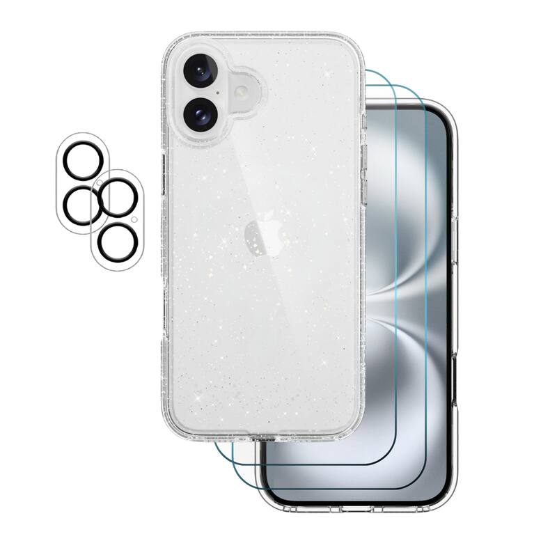 Entronix - 5-in-1 iPhone 17 Protection Bundle with Glitter Case and Screen Protectors - Clear