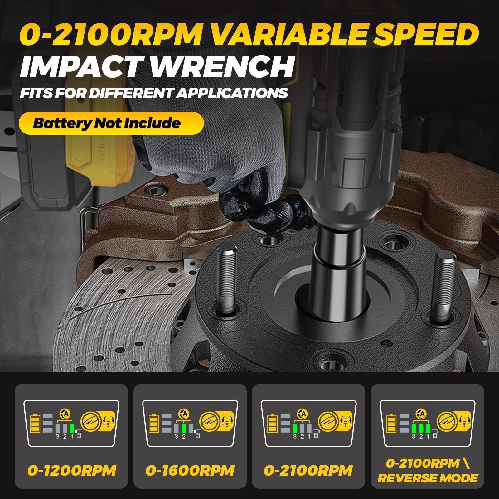 0-2100RPM VARIABLE SPEED IMPACT WRENCH  
FITS FOR DIFFERENT APPLICATIONS  
Battery Not Include  

0-1200RPM  
0-1600RPM  
0-2100RPM  
0-2100RPM REVERSE MODE