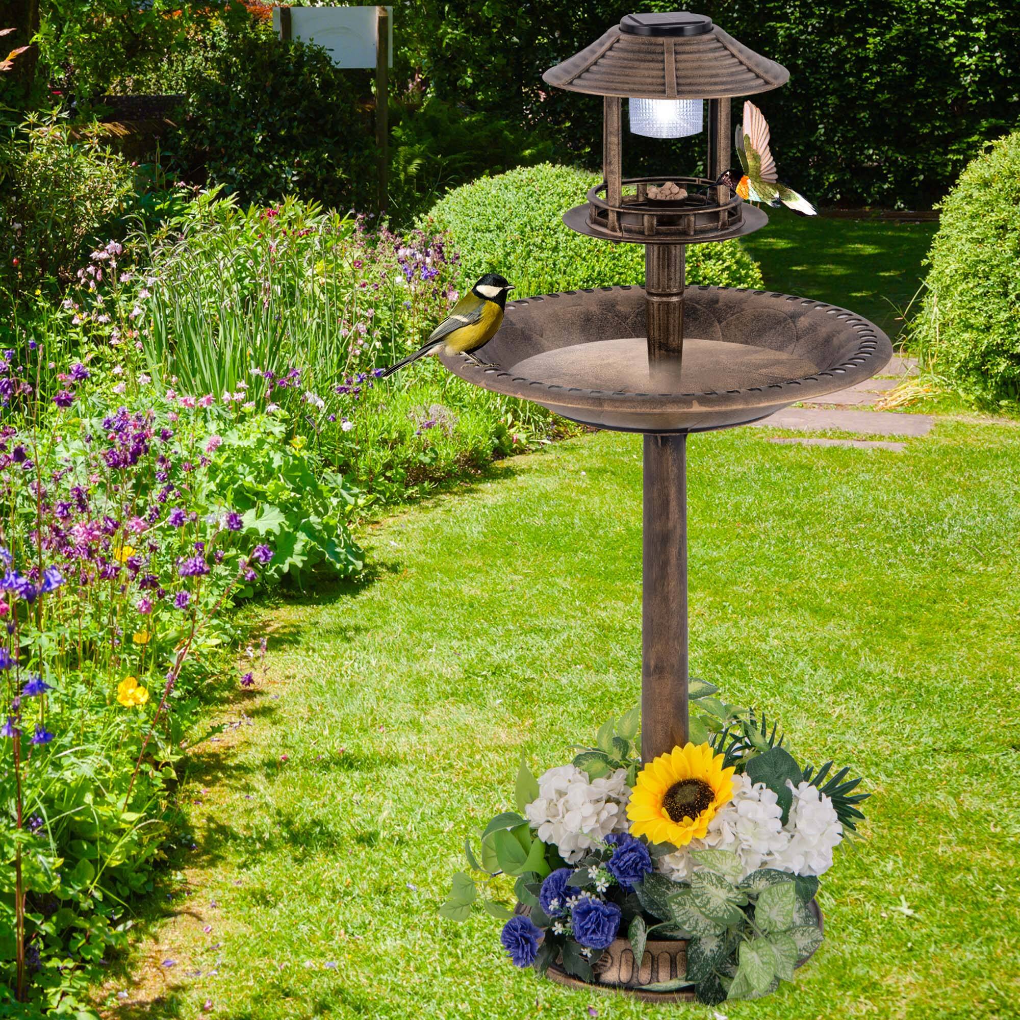Alt View 3. Costway - Costway 3-In-1 Pedestal Bird Bath with Solar Light with Bird Feeder & Flower Planter Antique Bronze - Antique Bronze.