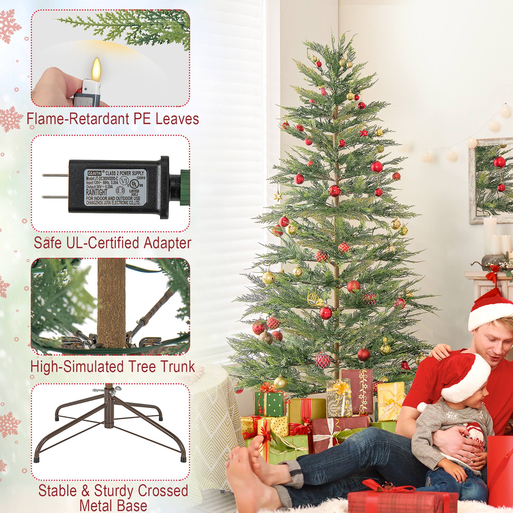 - Flame-Retardant PE Leaves
- Safe UL-Certified Adapter
- High-Simulated Tree Trunk
- Stable & Sturdy Crossed Metal Base