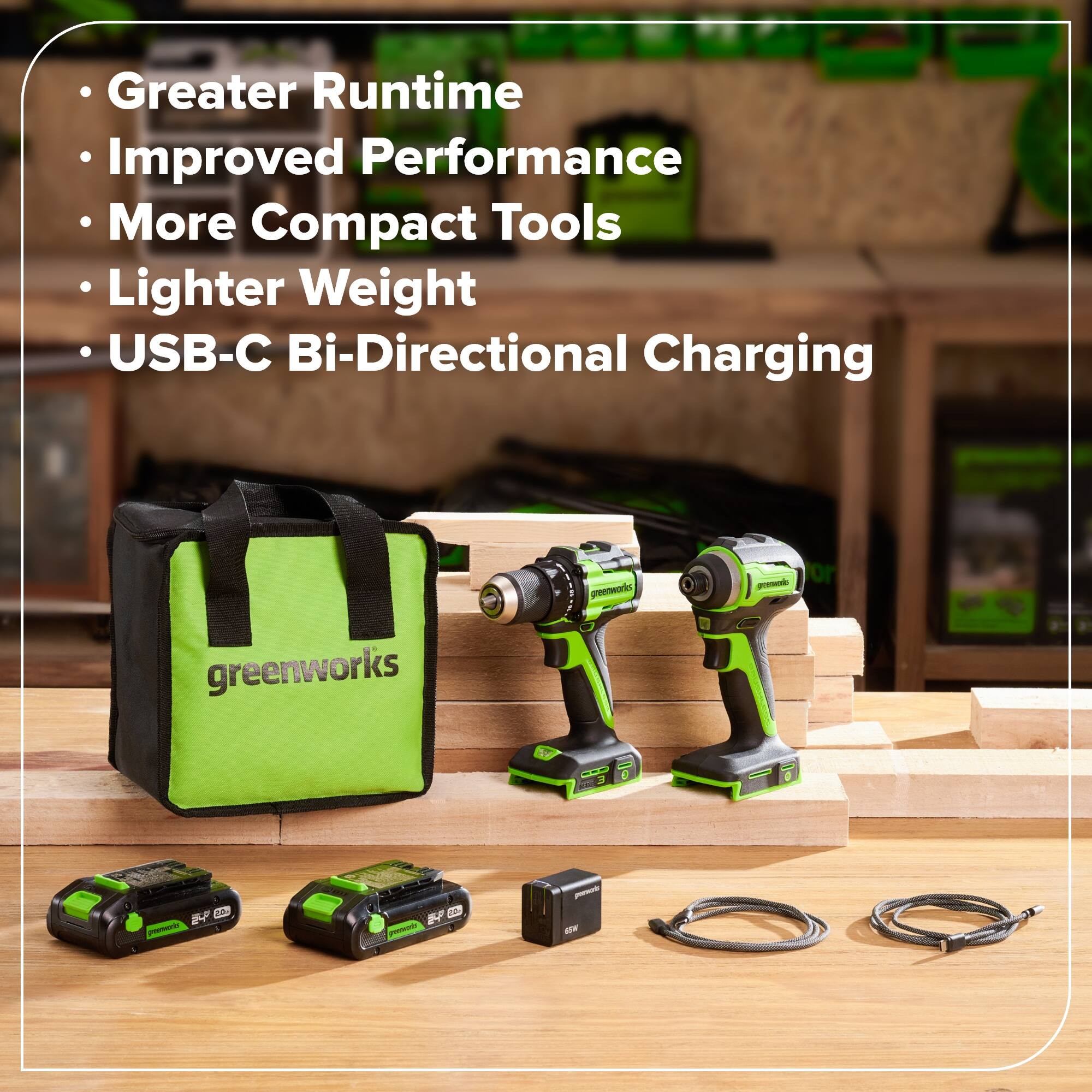 Greater Runtime  
Improved Performance  
More Compact Tools  
Lighter Weight  
USB-C Bi-Directional Charging  

greenworks