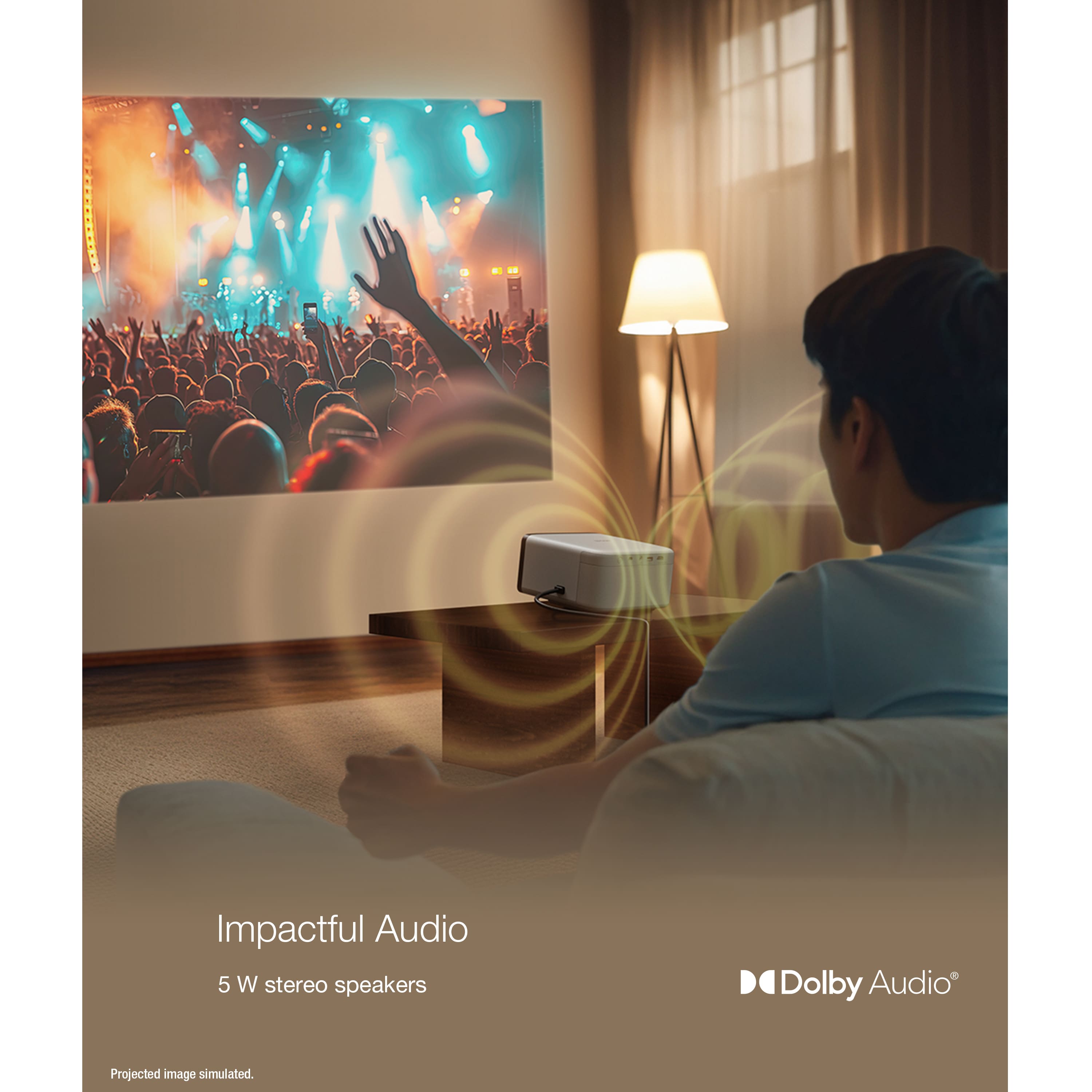 Impactful Audio 5 W stereo speakers Dolby Audio Projected image simulated.