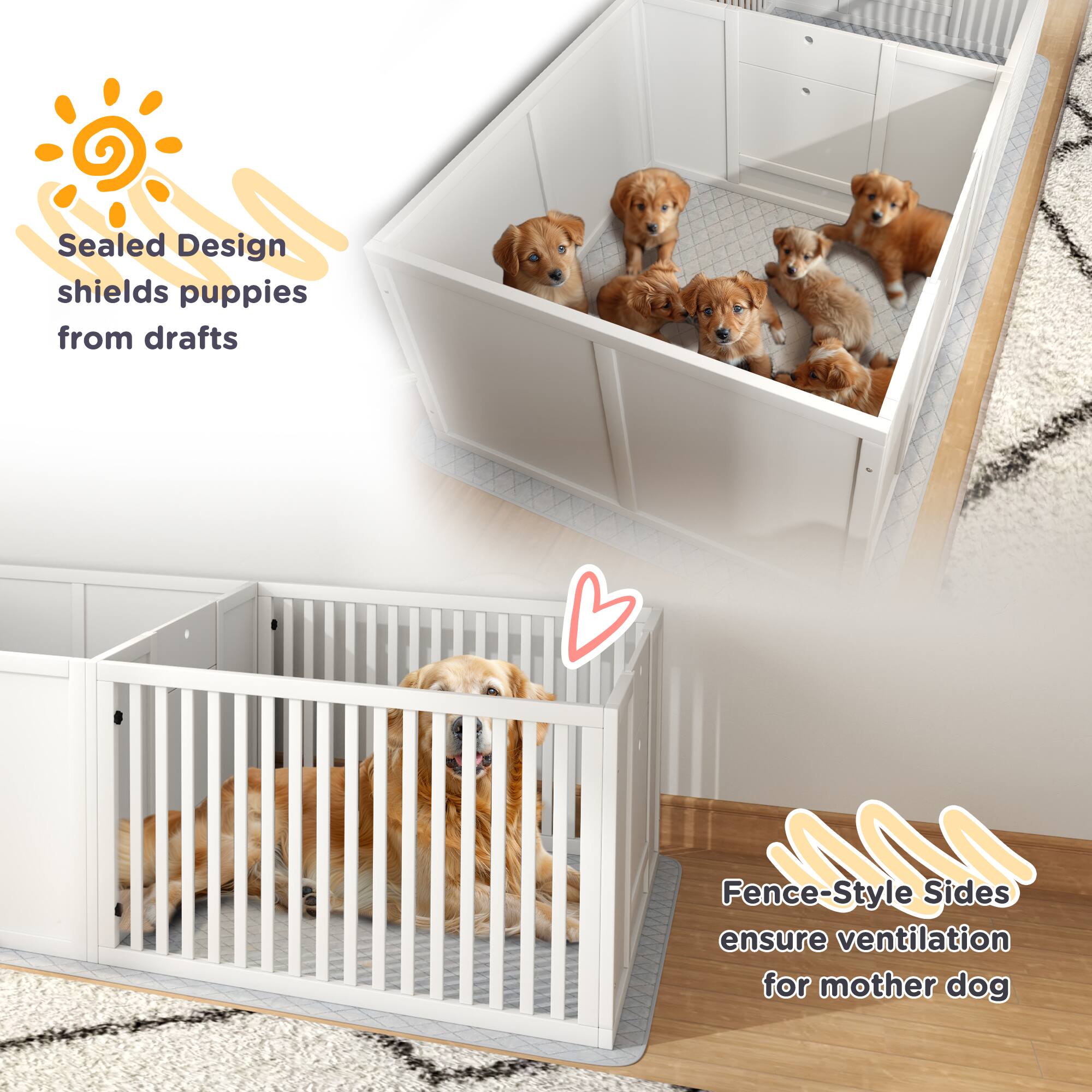 Sealed Design shields puppies from drafts

Fence-Style Sides ensure ventilation for mother dog