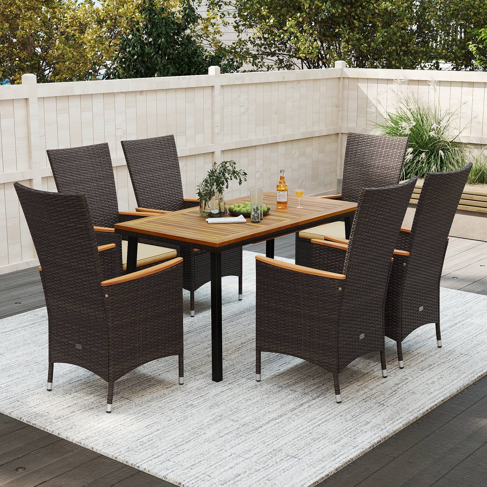 Alt View 3. Gymax - Gymax 7PCS Patio Wicker Armchairs Acacia Wood Table w/Umbrella Hole  Cushions Outdoor Beige - Brown.