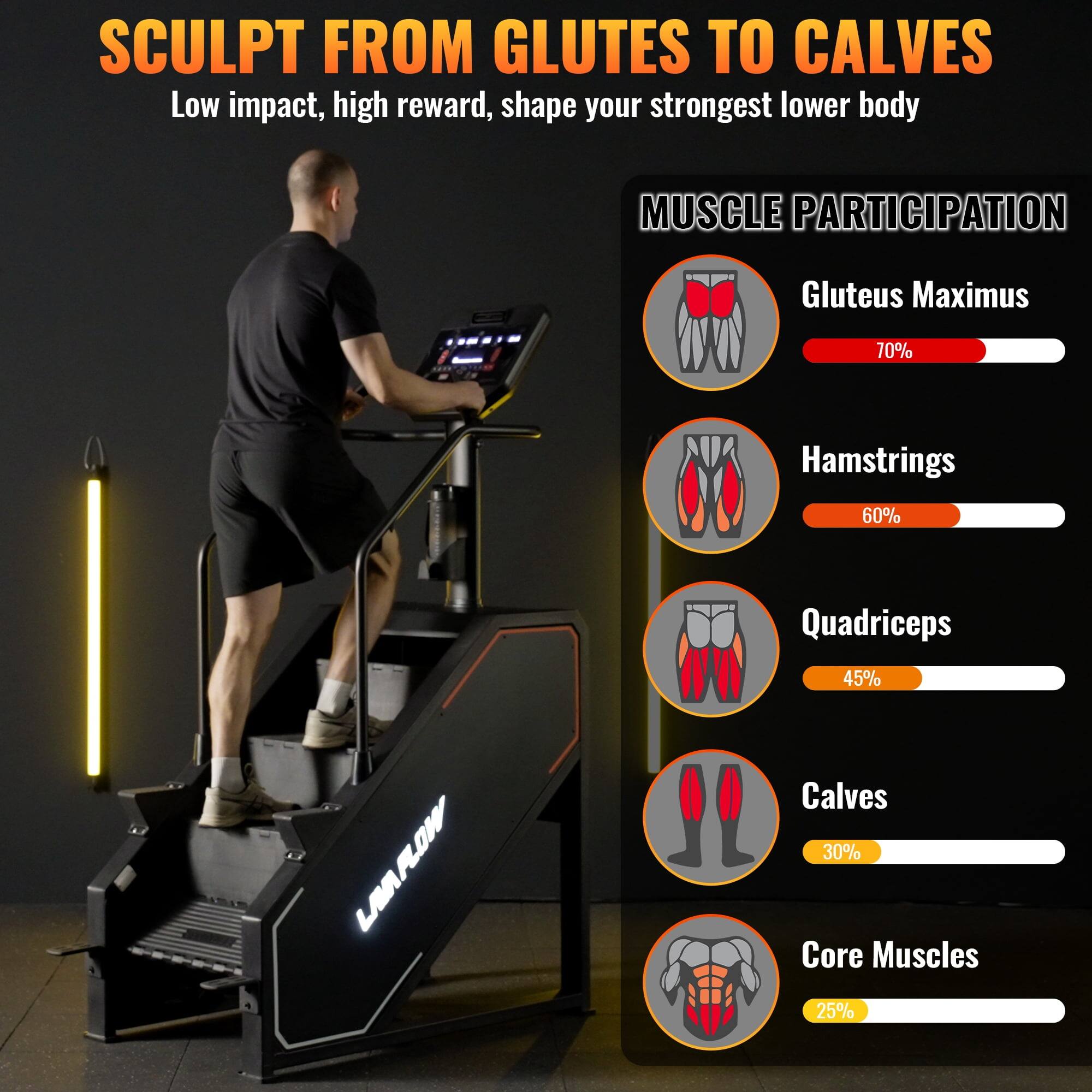 SCULPT FROM GLUTES TO CALVES  
Low impact, high reward, shape your strongest lower body  

MUSCLE PARTICIPATION  
Gluteus Maximus 70%  
Hamstrings 60%  
Quadriceps 45%  
Calves 30%  
Core Muscles 25%