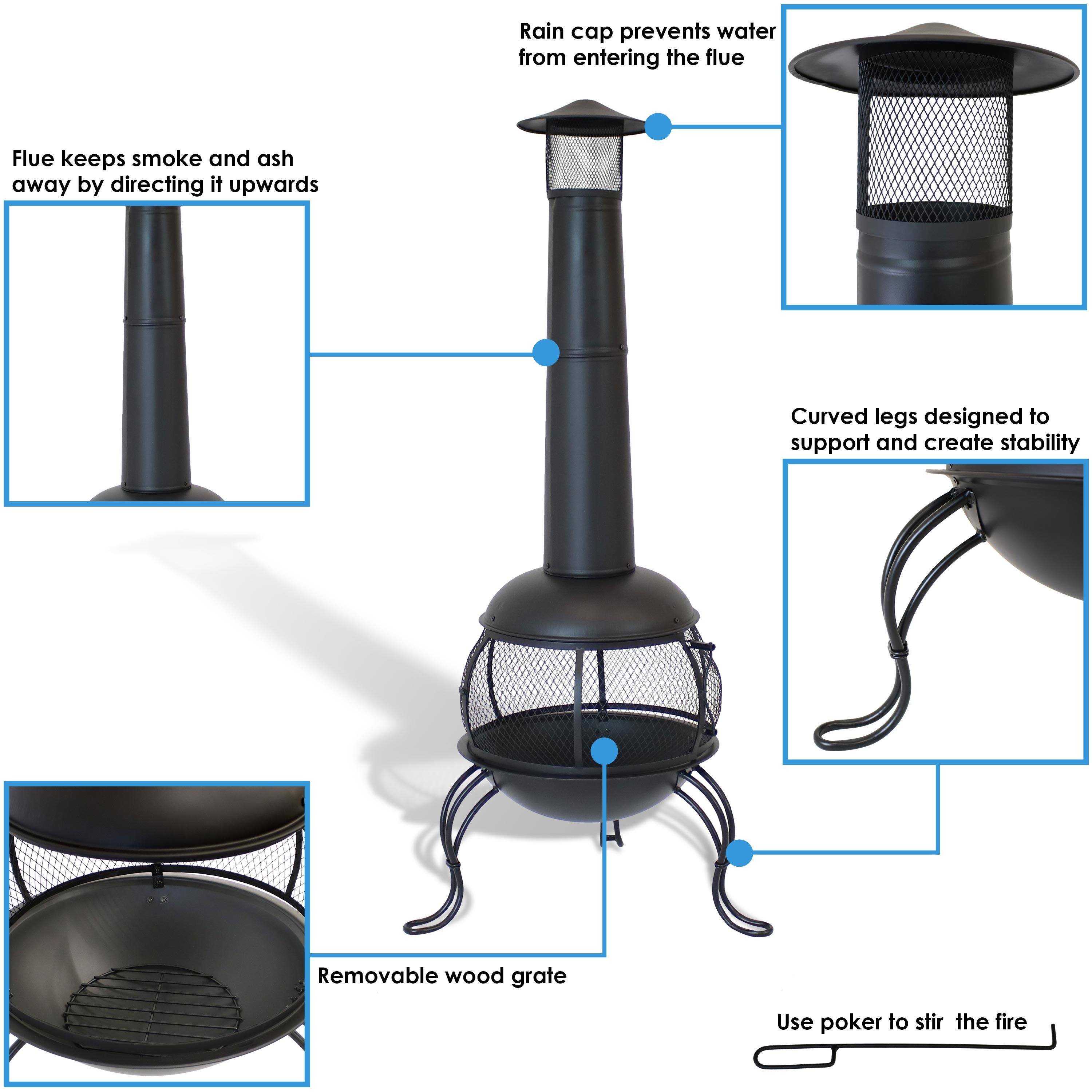 - Rain cap prevents water from entering the flue
- Flue keeps smoke and ash away by directing it upwards
- Curved legs designed to support and create stability
- Removable wood grate
- Use poker to stir the fire