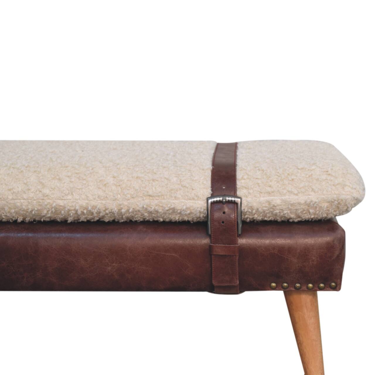 Back. Artisan Furniture - Artisan Furniture Solid Wood Boucle x Brown Leather Bench, Upholstered, Brown and Cream - Brown and Cream.