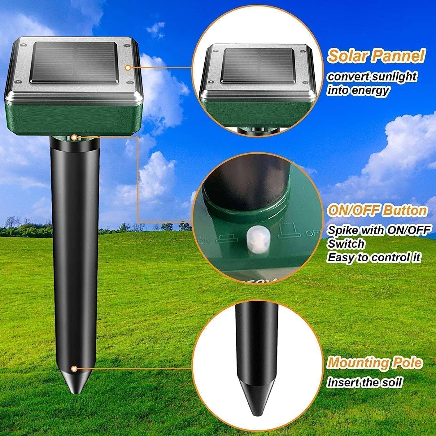 Solar Panel convert sunlight into energy  
ON/OFF Button  
Spike with ON/OFF Switch  
Easy to control it  
Mounting Pole insert the soil