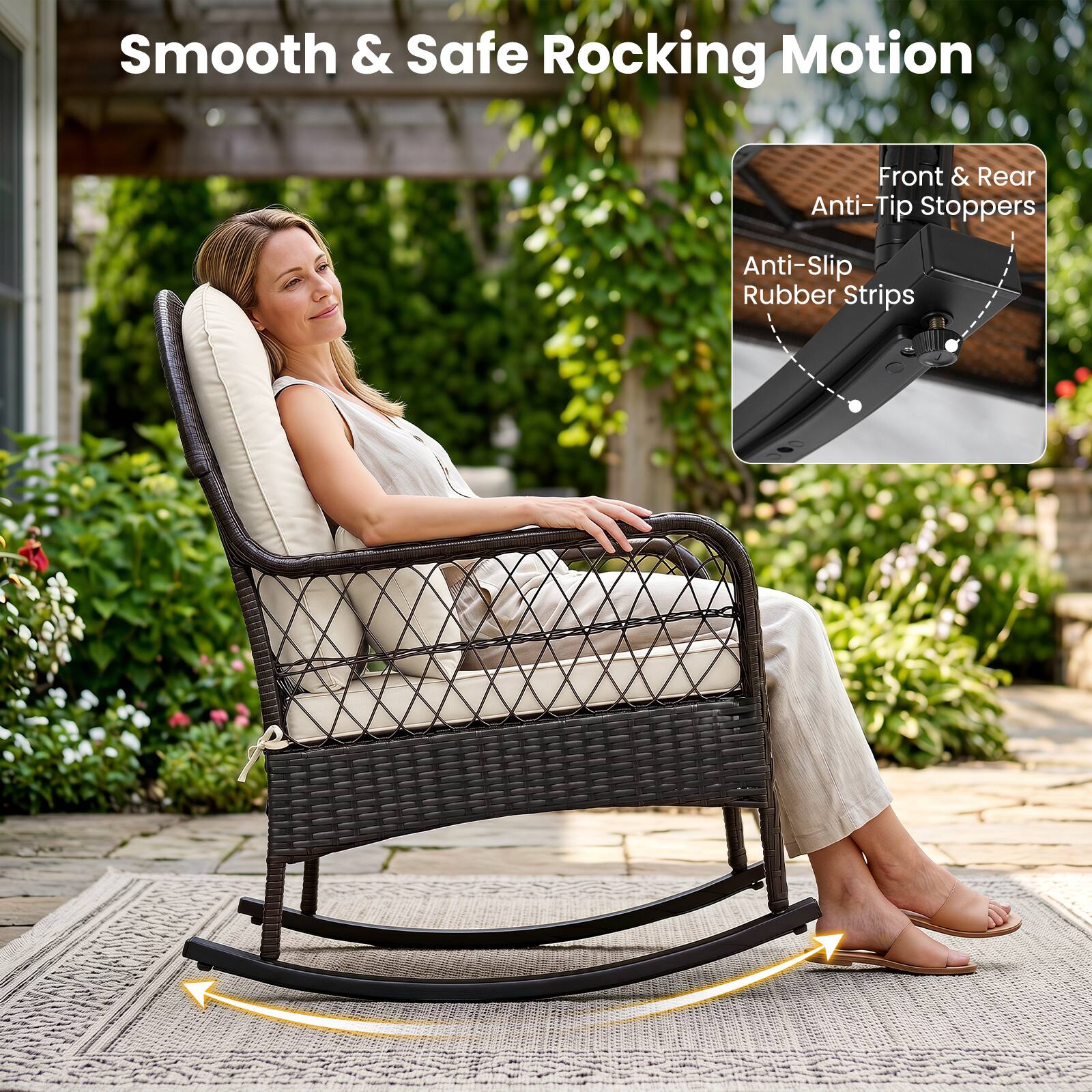 Smooth & Safe Rocking Motion  
Front & Rear Anti-Tip Stoppers  
Anti-Slip Rubber Strips