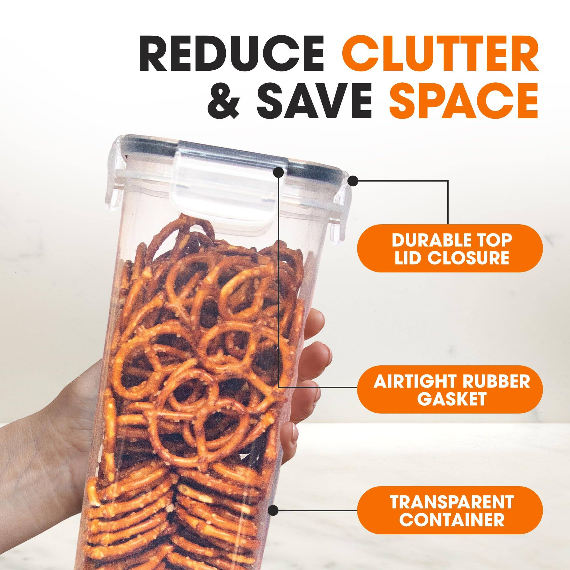 REDUCE CLUTTER & SAVE SPACE

- DURABLE TOP LID CLOSURE
- AIRTIGHT RUBBER GASKET
- TRANSPARENT CONTAINER