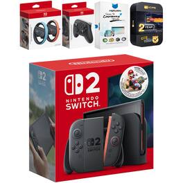 Switch 2 Mario Kart World Bundle with Pro Controller, Joy Con Wheel, MightySkins Code and 2 CPS Year Extended - Nintendo Switch 2