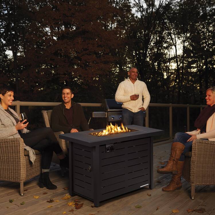 Left. Mondawe - 42 Inch 60,000 BTU Rectangular Propane Fire Pit Table with Waterproof Cover - Black.