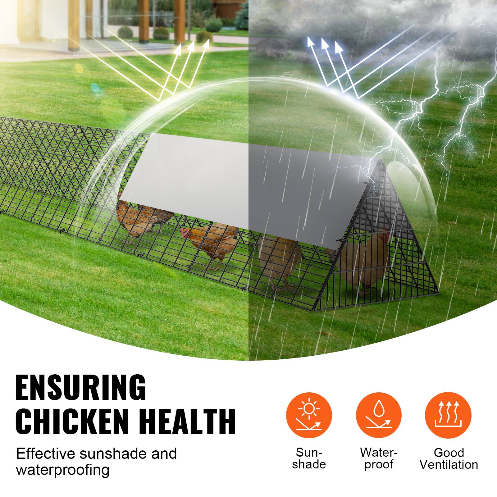 ENSURING CHICKEN HEALTH  
Effective sunshade and waterproofing  

Sun-shade  
Water-proof  
Good Ventilation