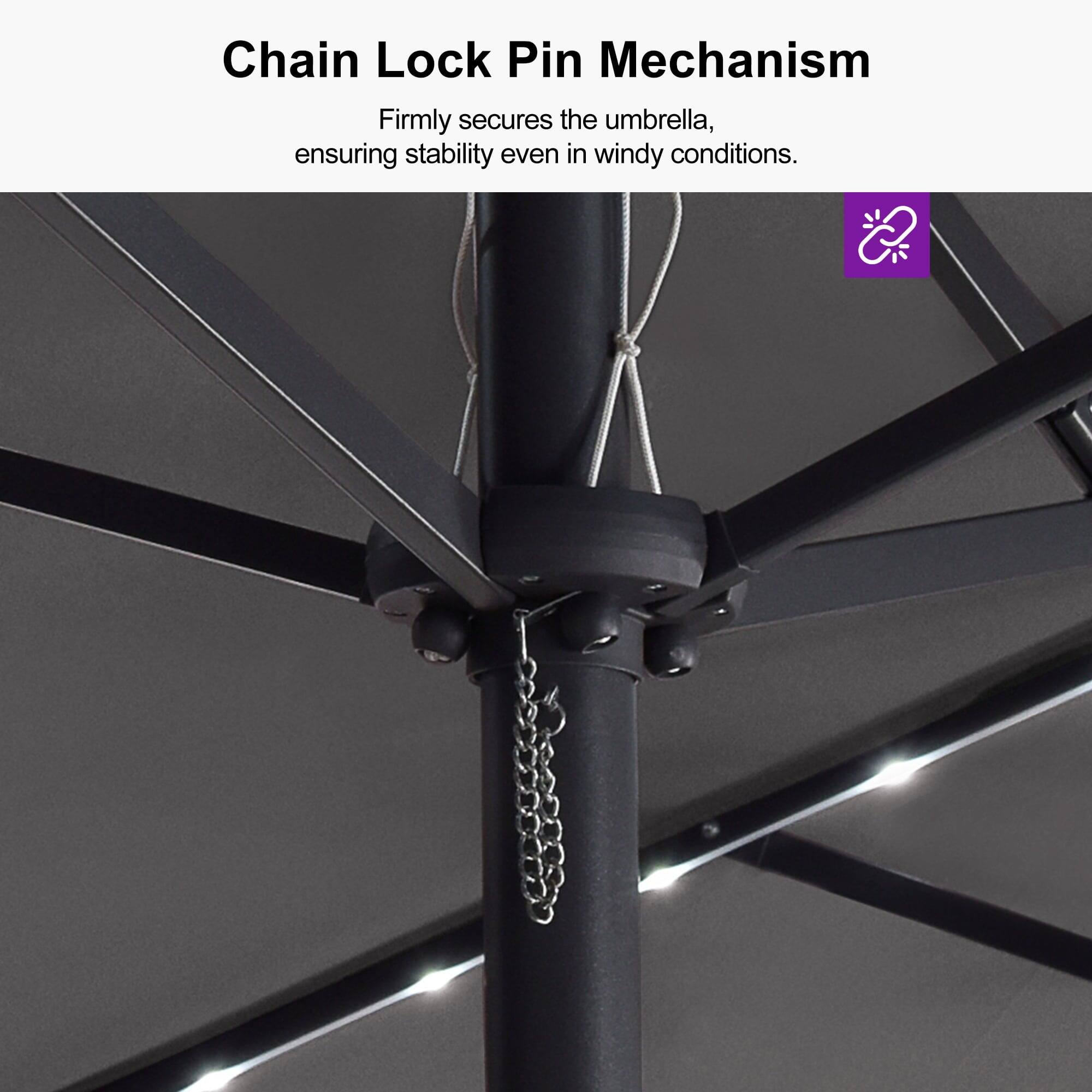 Chain Lock Pin Mechanism  
Firmly secures the umbrella, ensuring stability even in windy conditions.