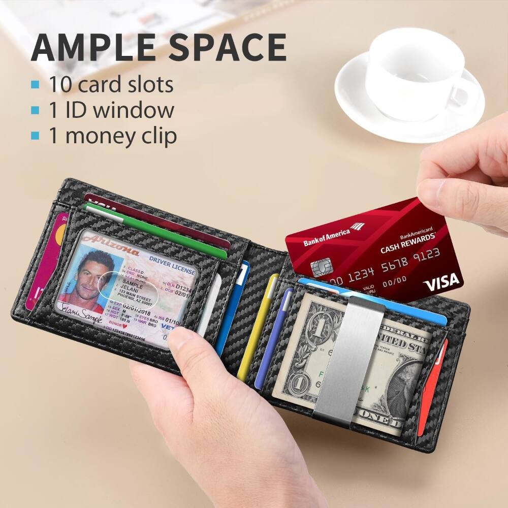 AMPLE SPACE  
- 10 card slots  
- 1 ID window  
- 1 money clip  

Arizona DRIVER LICENSE  
- JELANI SAMPLE  
- NOLN  
- D1234  
- 123 PHOENIX STREET  
- 02/01  
- REAP  
- 10008SA  
- 02/01/2018  
- LHOT Sample  
- M  
- 0201/2018  
- BR  
- PME  
- MD  
- 01/10  
- VET  
- 00123406/290123AM6  

Bank of America BankAmericard CASH REWARDS  
- 1234 5678 9123 0000  
- VISA  
- VALID UNTIL 00/00  

ONE DOLLAR