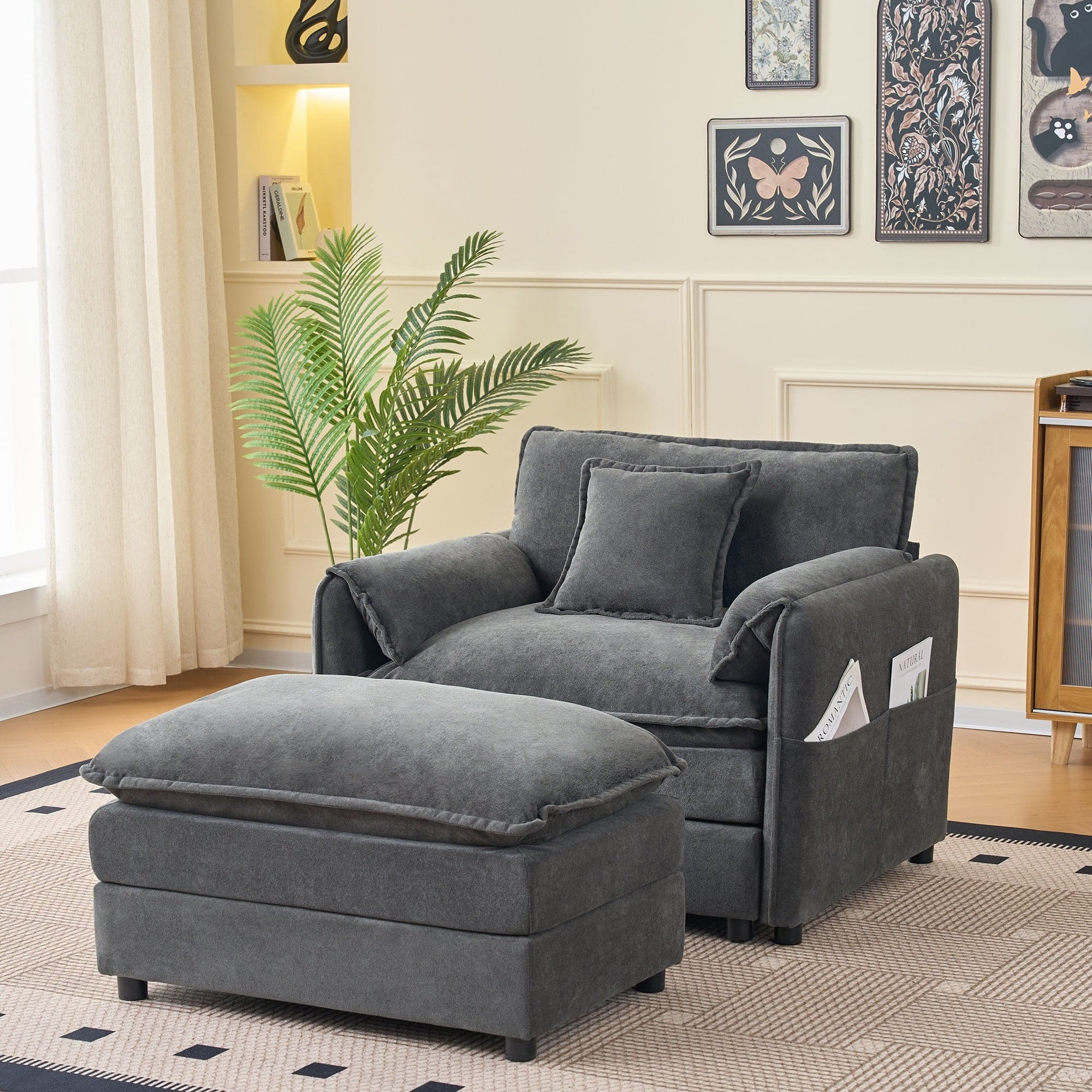 Boyel Living - Modern Minimalist Grey Chenille Sofa with Side Storage Pockets 2-Seat - Gray
