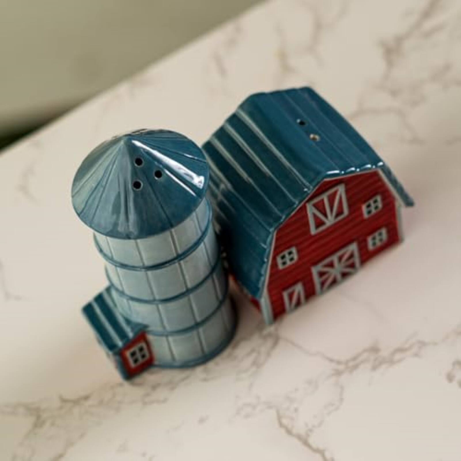 Angle. Pacific Trading - Red Tractor and Barn Country Kitchen Ceramic Magnetic Salt and Pepper Shaker Set - Red.