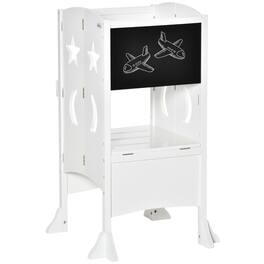 Qaba - 2 in 1 Kids Foldable Kitchen Step Stool, Toddler Standing Tower, Chalkboard, Lockable Handrail, Children 3-6 Years Old - White