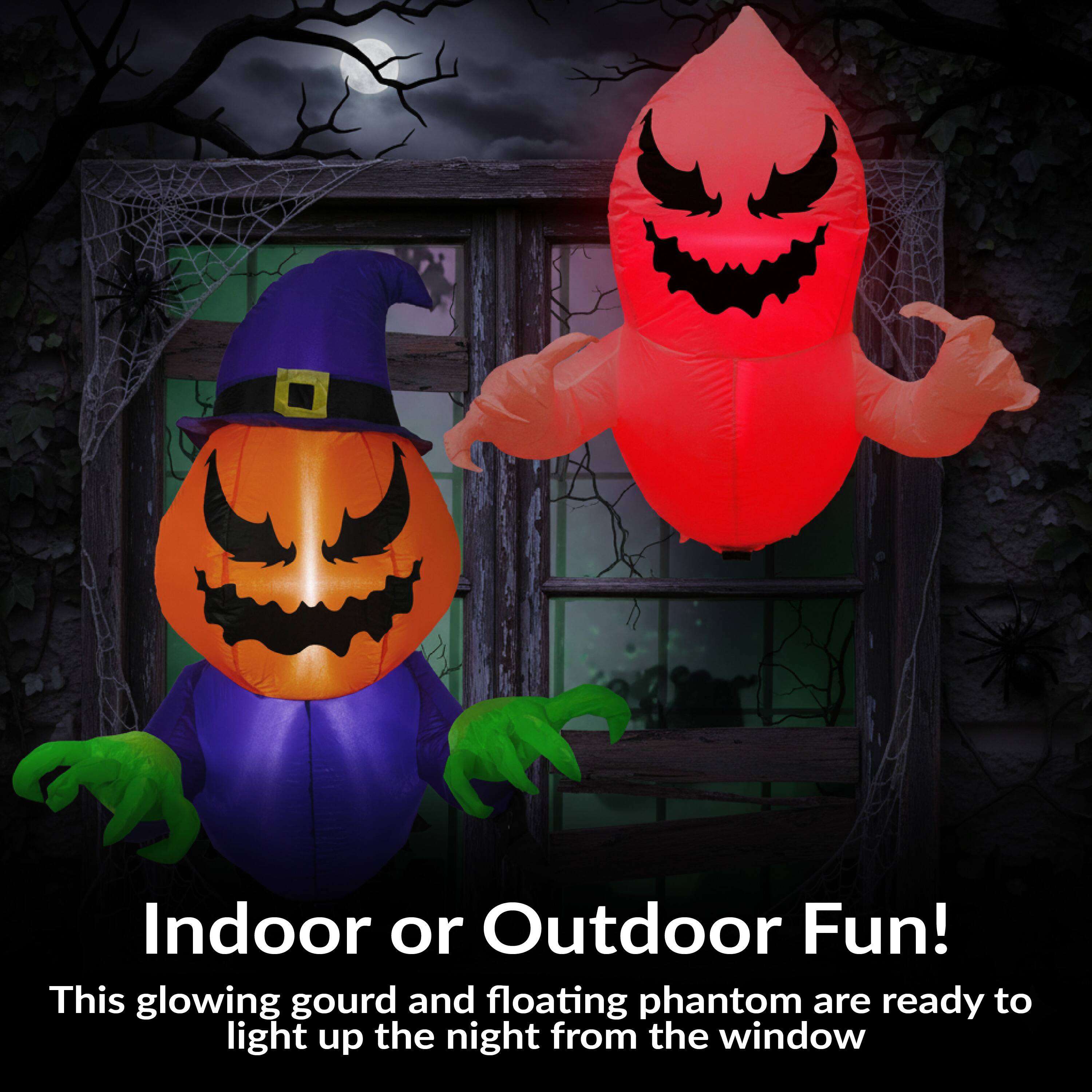 Indoor or Outdoor Fun!  
This glowing gourd and floating phantom are ready to light up the night from the window.