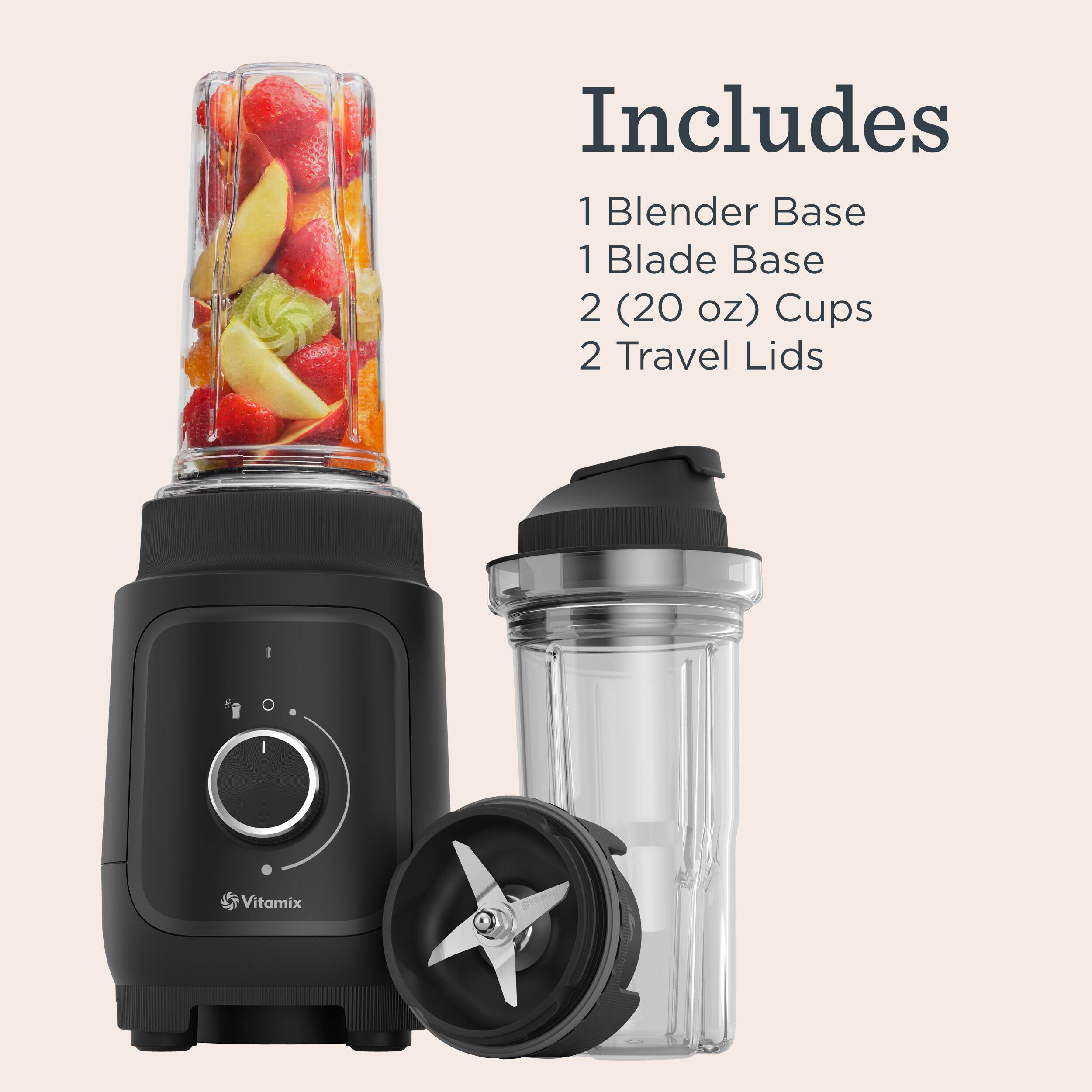 Includes 1 Blender Base, 1 Blade Base, 2 (20 oz) Cups, 2 Travel Lids